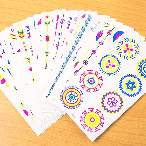 Miniatura 6 de MCPINKY 25 hojas de tatuajes temporales que brillan en la oscuridad, calcomanías de tatuaje facial, fluorescencia UV, neón, tatuaje corporal,