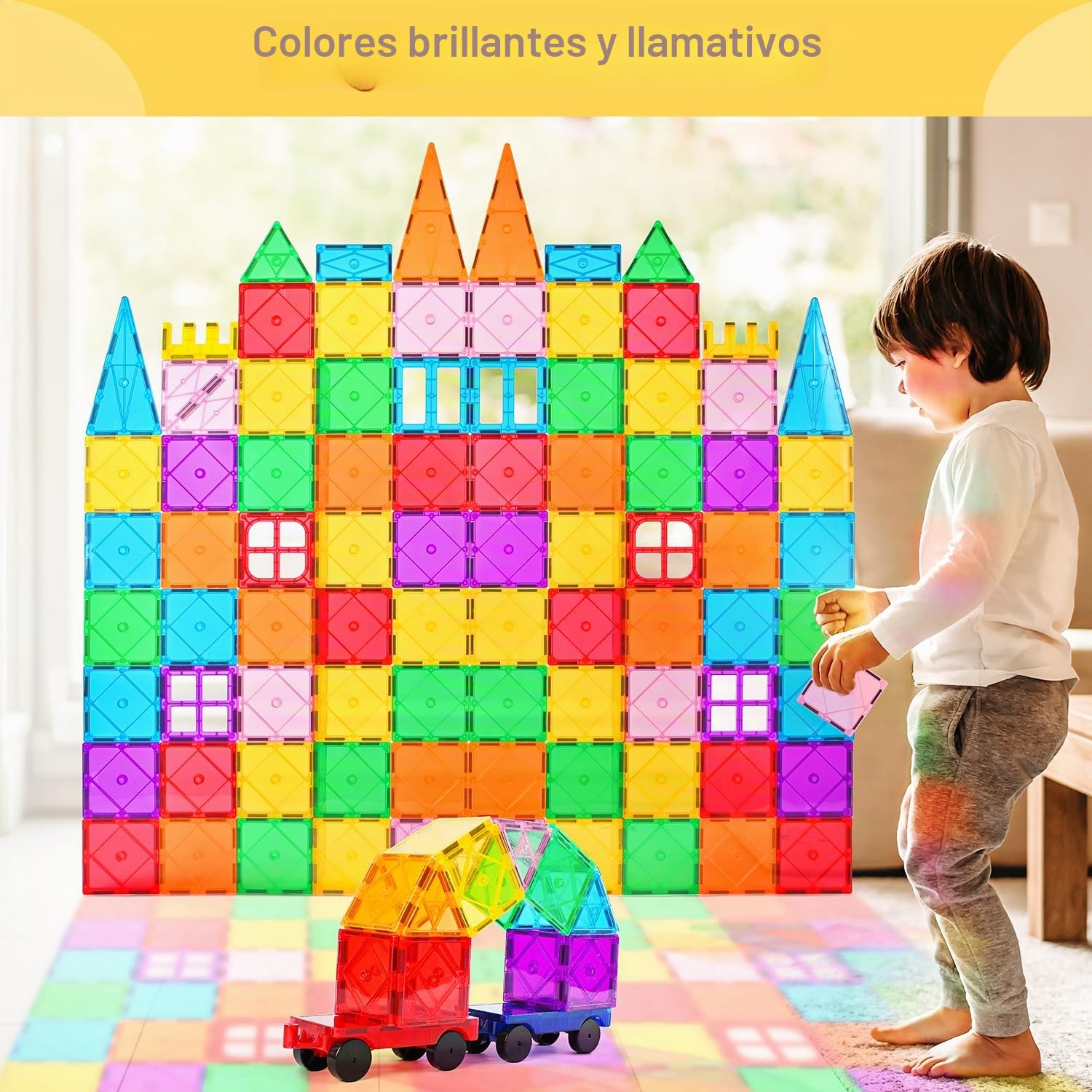Katiago Construcciones Magneticas Niños, 100 Piezas Fuertes Bloques Magneticos Construccion para Niños de 3 4 5 6 años, Juego Imanes Niños con 2 Coches