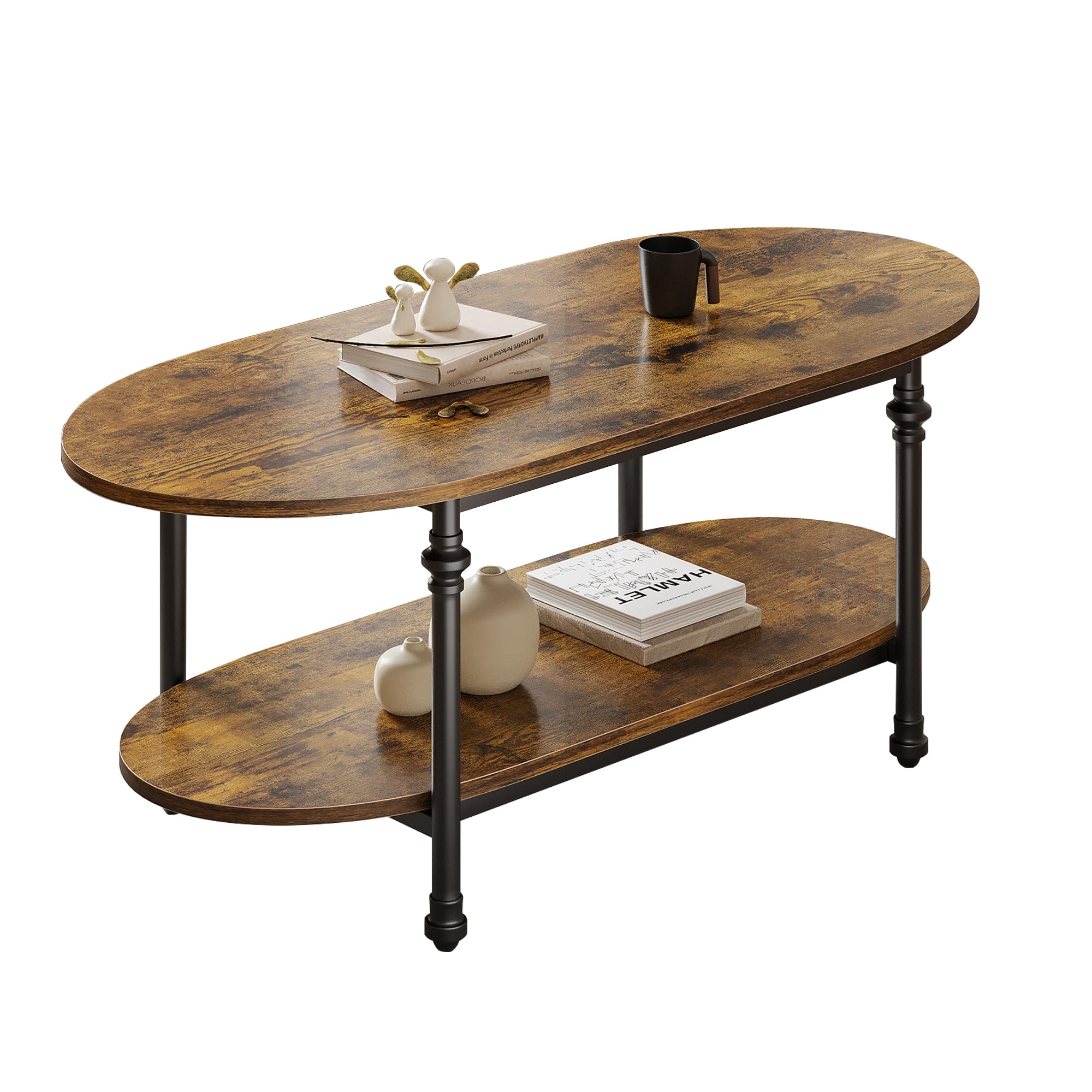 Mesa de centro ovalada de madera de 2 niveles – Patas metálicas estilo columna romana – Estante abierto – Diseño industrial rústico para salón, dormitorio u oficina – Mesa auxiliar vintage – vintage