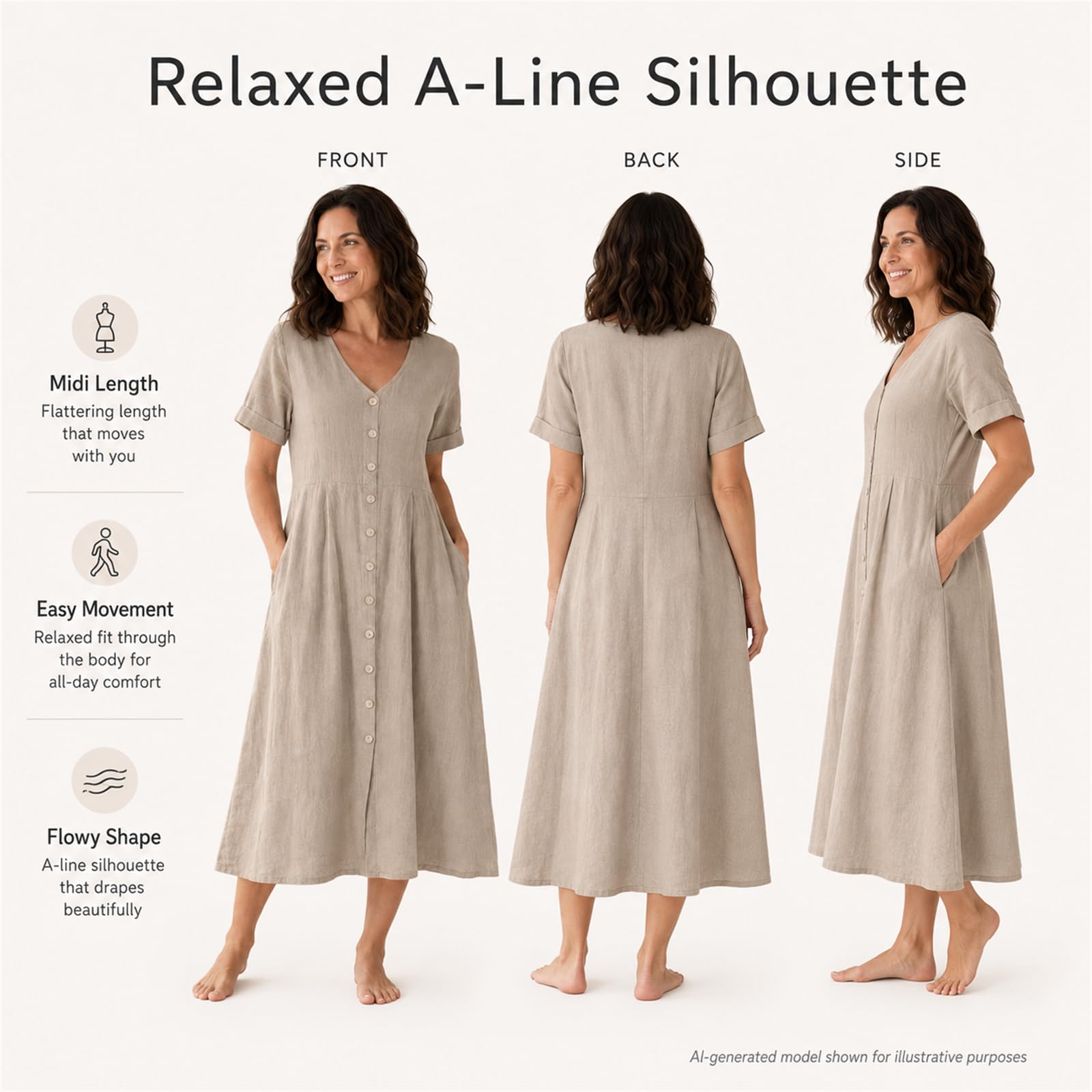 Abito in cotone lino da donna, estivo, con bottoni, scollo a V, maniche