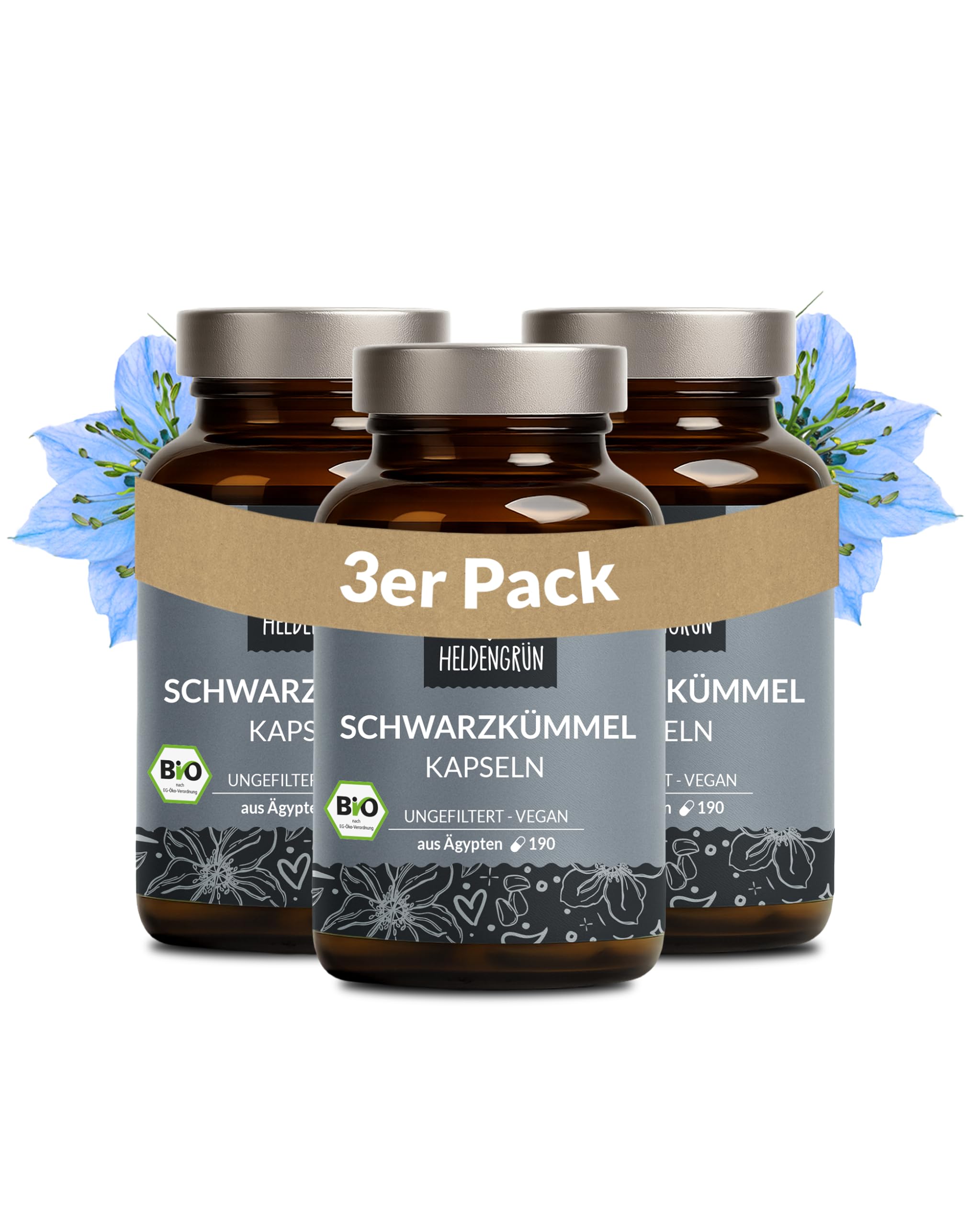 Heldengrün® BIO Schwarzkümmelöl Kapseln [HOCHDOSIERT] 3x190 St. | Kaltgepresst aus Ägypten · 3-Monats-Vorrat pro Dose · Laborgeprüft · vegan & magensaftresistent · Deutsches Startup