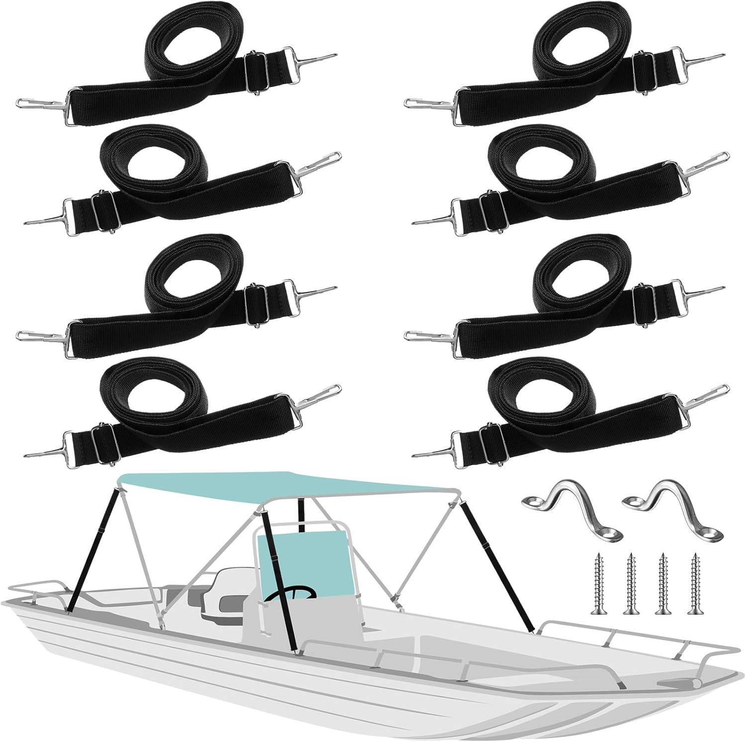 8 Pcs Adjustable Heavy Duty Bimini Top Straps Marine Awning Webbing Straps Nylon Top Straps with Loop Snap Hooks and Pad Eye Straps, 28″-60″ Stainless Steel Boat Awning Hardware