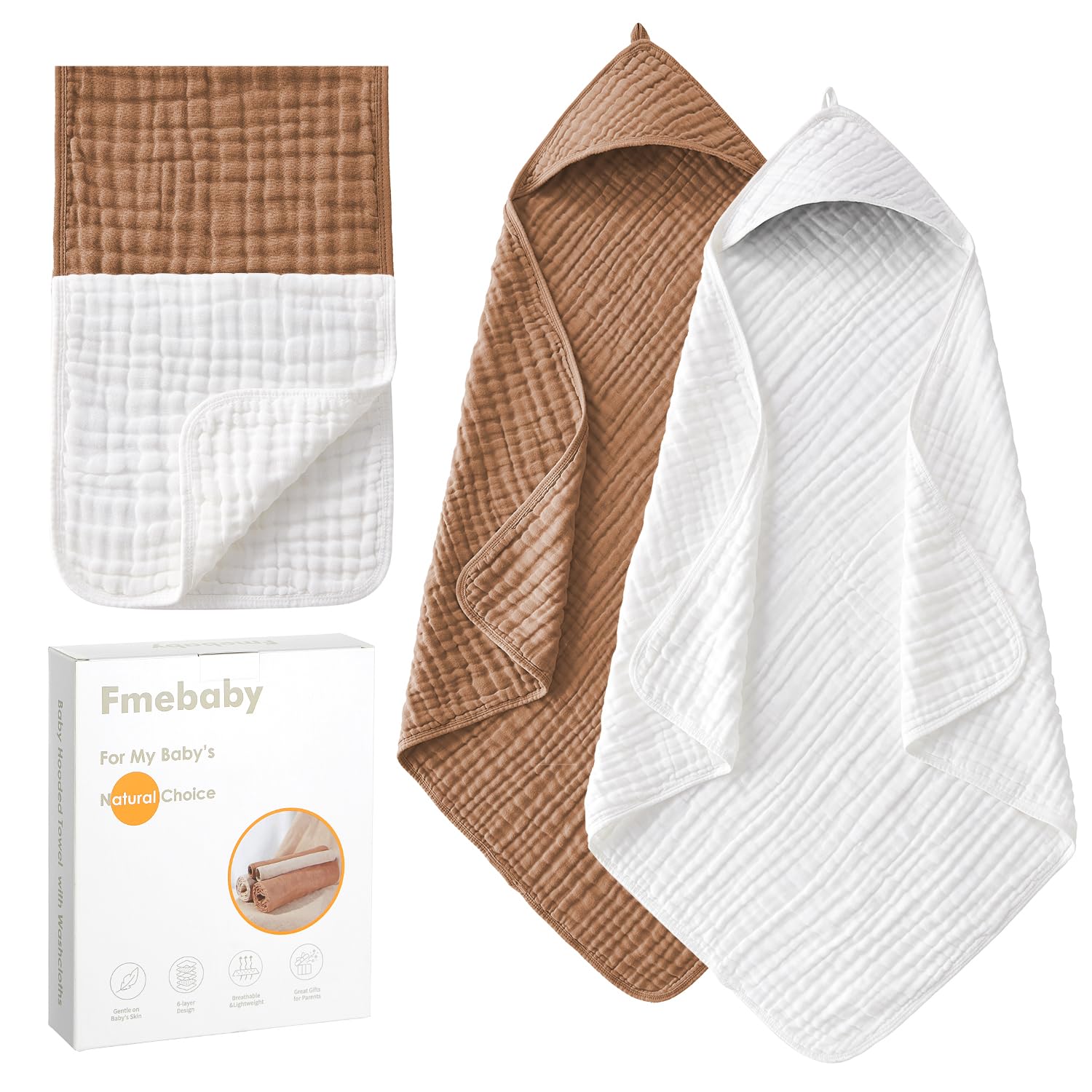 Hooded Baby Towels for Newborn, 2 Pack 32x32 Inch Muslin Cotton Baby Bath Towel and 12x12 Inch Washcloth Set with Hood for Babies, Toddler and Kids, Essentials Must Haves (White and Coffee)