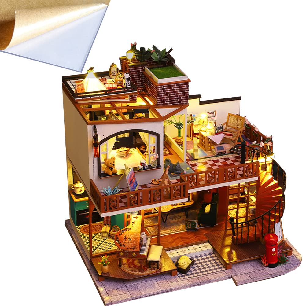 Mini casa con LED DIY kit de casa de muñecas habitación creativa miniatura vintage estilo europeo juguete rompecabezas Navidad montado casa de muñecas para niñas mujeres