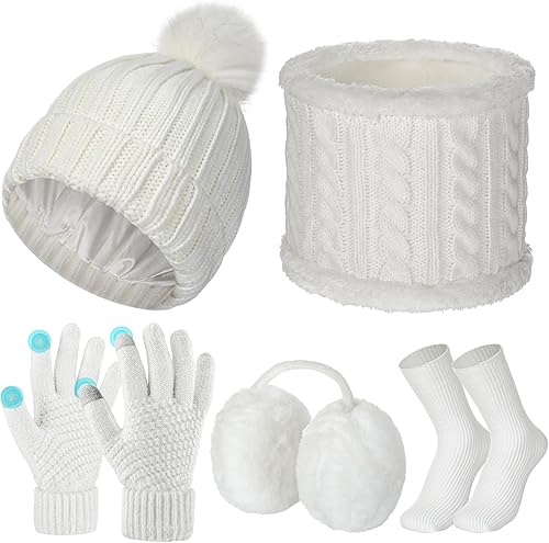 Miniatura 1 de Juego de 5 piezas de gorro de invierno bufanda y guantes de punto gorro con pompón, guantes cálidos para pantalla táctil, calentador de orejeras