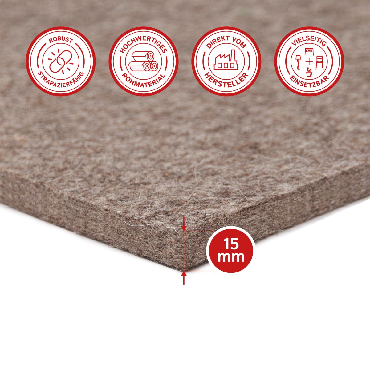 Wollfilz Zuschnitt (Industriefilz) grau meliert 15 mm – 50 x 30 cm – Dichte 0,36 g/cm³ – Hochwertiger technischer Filz – Made in Germany