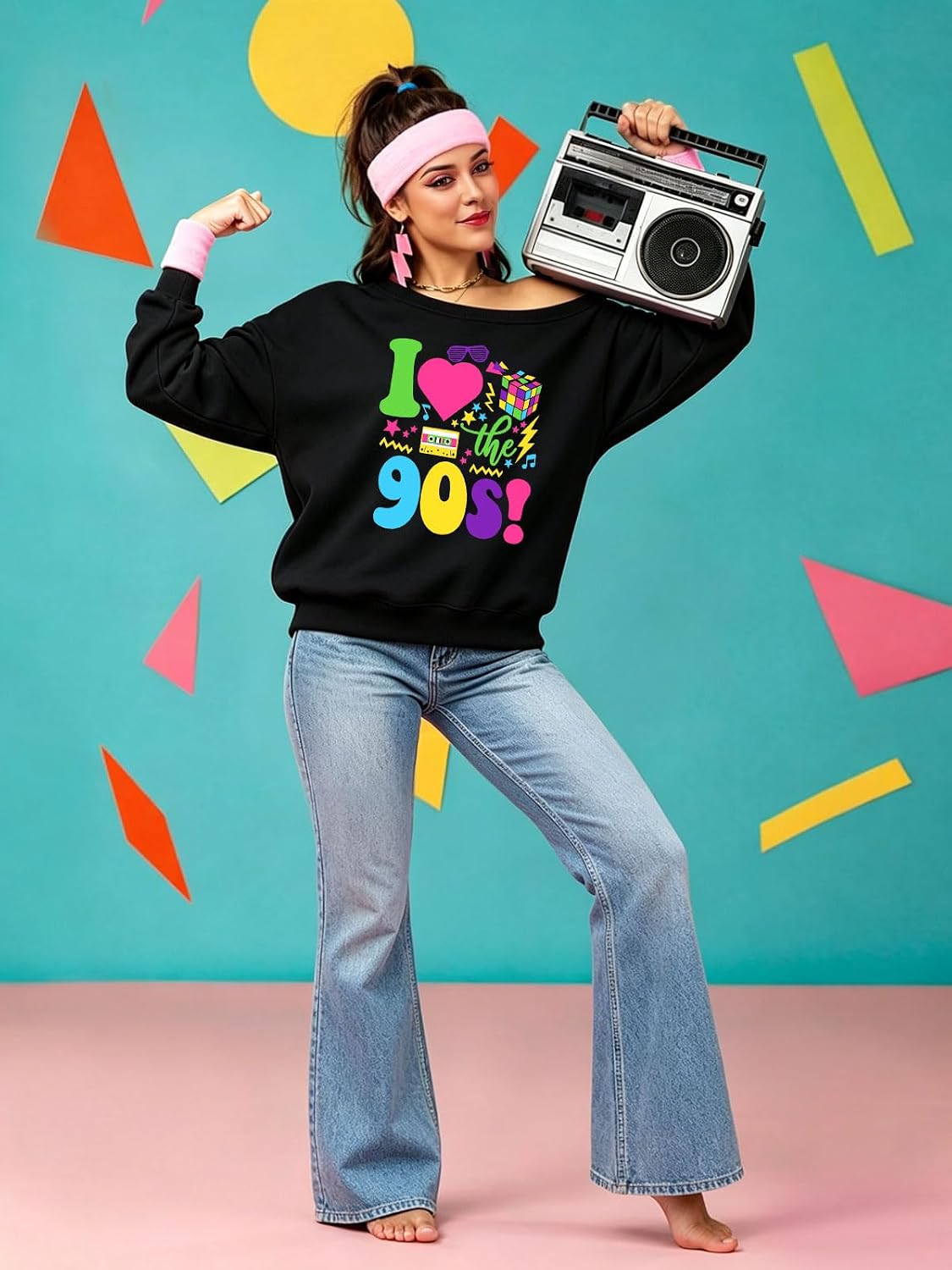 80s Outfit for Women Vintage off the Shoulder Sweatshirt Long Sleeve Retro 80s 90s Disco Theme Party Gifts