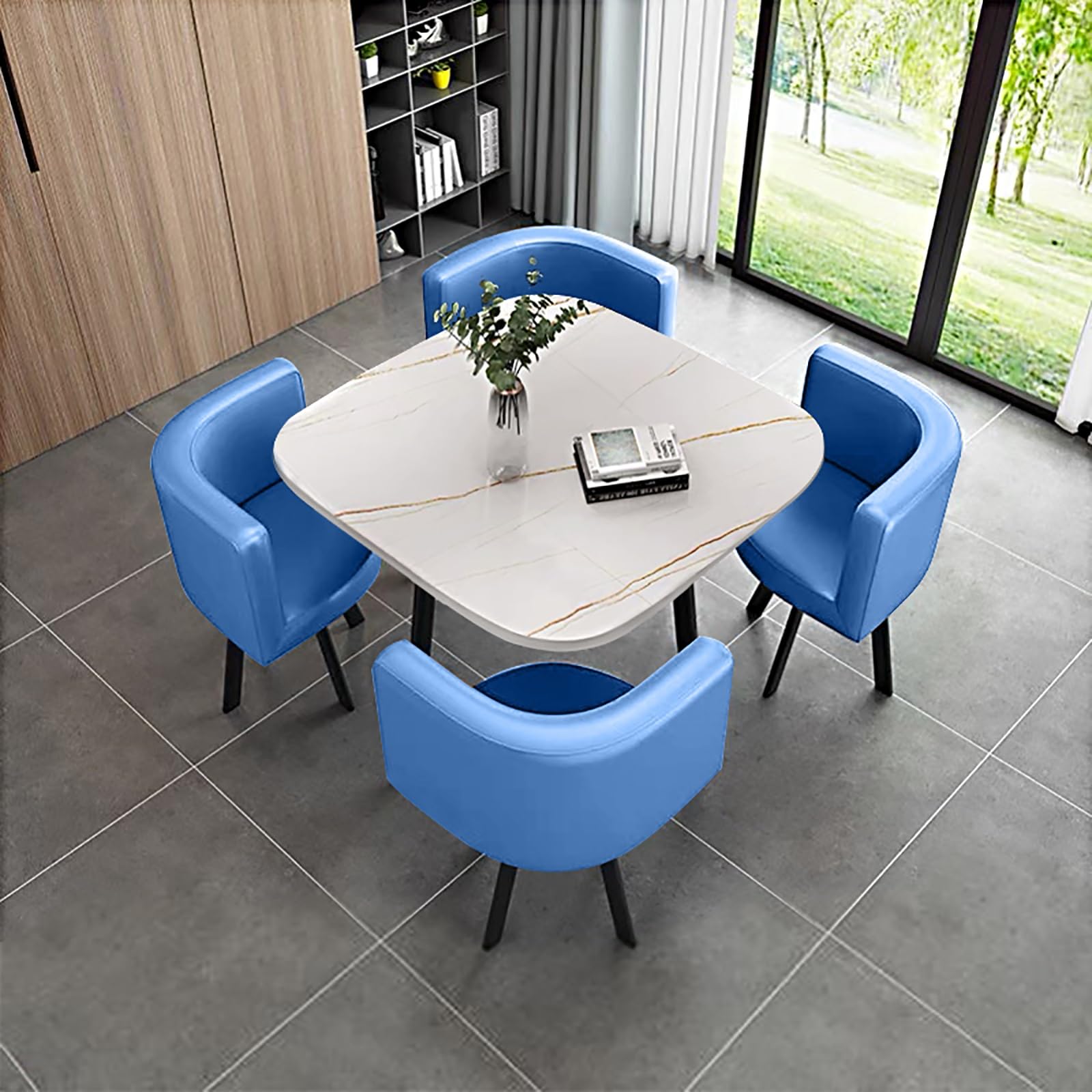 Round Dining Table Set for 4 with Marble Top and Chairs Office Reception Desk and Chair Set Suitable for Lounge Living Room Modern Furniture Dining Set,Blue 1-Square-Cortex