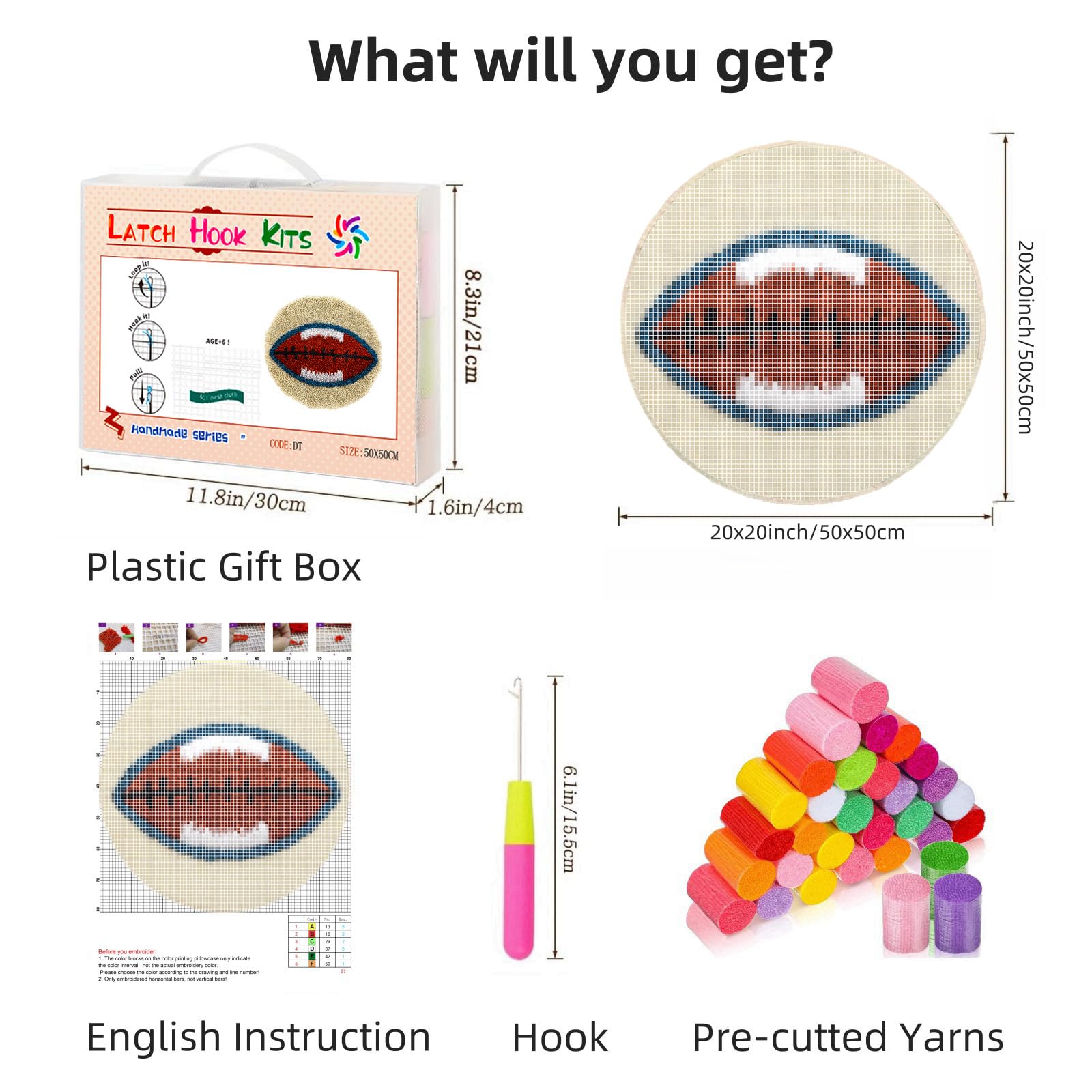 Latch Hook Rug Kit American Football Round Carpet Crochet Yarn Craft DIY Hook and Latch Door Mat Tapestry for Christmas Home Floor Decoration 50x50cm