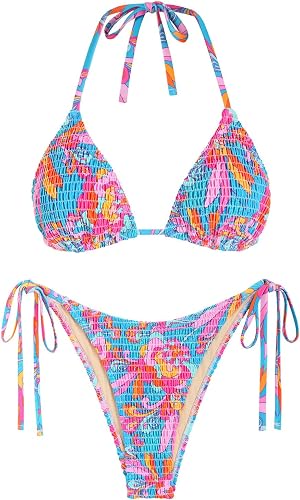 seamoly Women's Bikini Sets Halter Fishnet Shell Decorated Two Piece Swimsuit Sexy Side Tie Thong Bandeau Bathing Suits