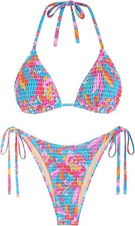 seamoly Womens Bikini Sets Halter Fishnet Shell Decorated Two Piece Swimsuit Sexy Side Tie Thong Bandeau Bathing Suits