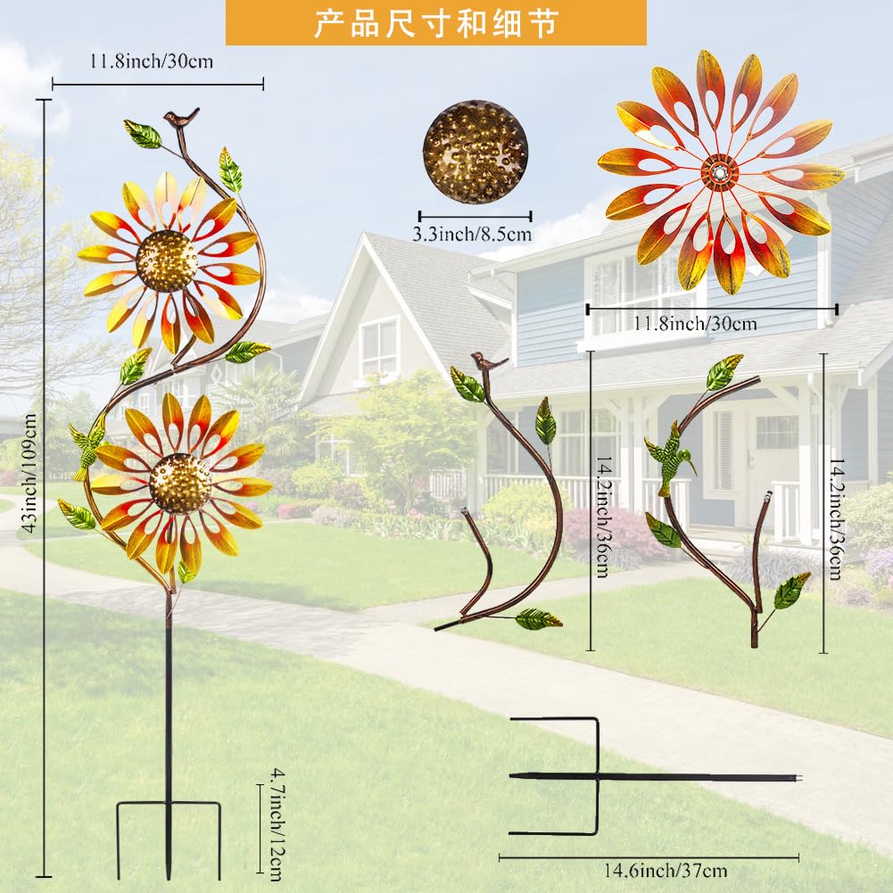 Molinillo de viento de girasol, 2 unidades, rotación, molinillo de viento para jardín, decoración de metal, girasol, jardín, metal, carillón de viento para jardín con estaca de metal, para interior y