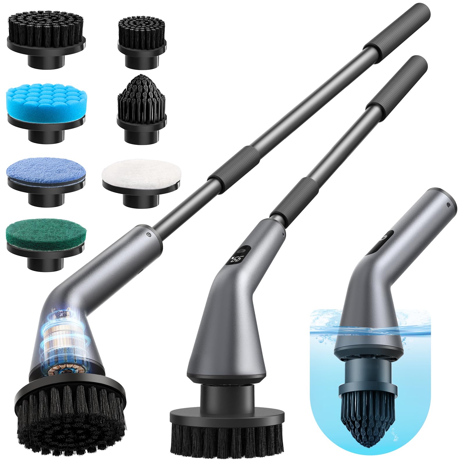 Limpiador giratorio eléctrico, IPX7, impermeable, doble velocidad, cepillo de limpieza inalámbrico con 7 cabezales de cepillo, mango largo extensible para baño, ducha, bañera, tina, vidrio, azulejos