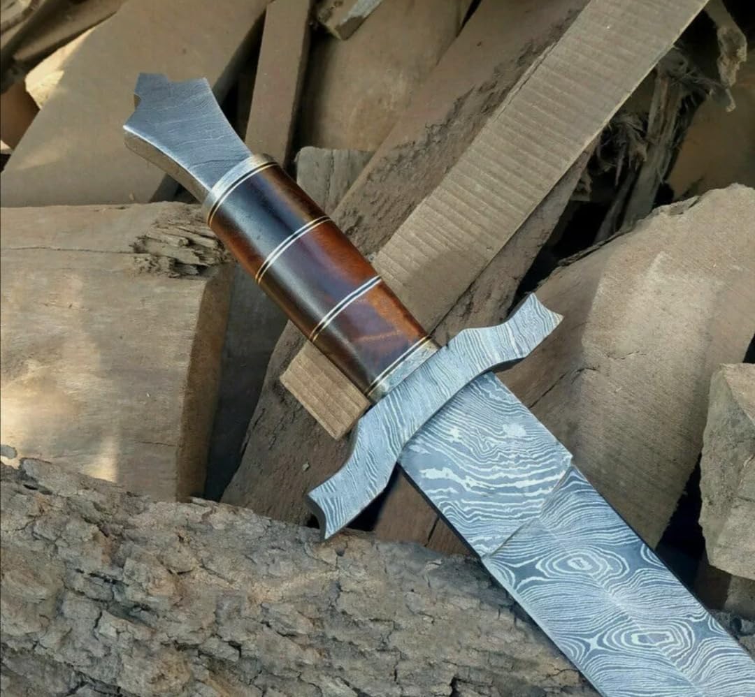 Empire - 32 Inch Long Handmade Damascus Steel Double Edge Viking Sword with Sheath - Wood Grip - Sharpe Edges - Hunting Sword - Hand Forged Broad Sword - Best Gift for Him