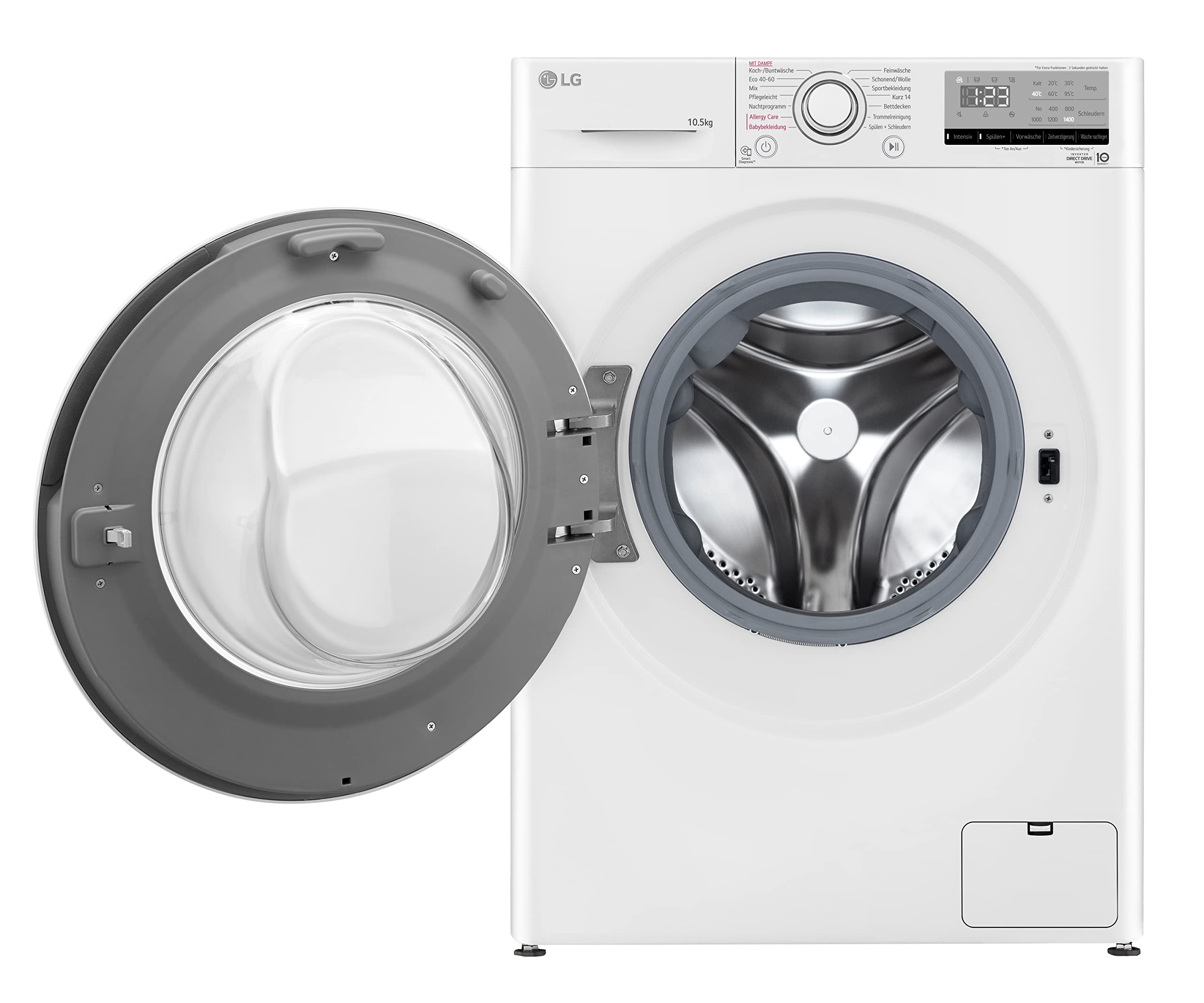 LG F4WV31X3G, Klasse B, Frontlader-Waschmaschine 10,5 kg, 1400 U/min, AI Direct Drive, Wi-Fi, Tiefenreinigung mit Dampf, Größere Kapazität, Außentür aus Sicherheitsglas, 62 x 60 x 85 cm ꟷ Weiß