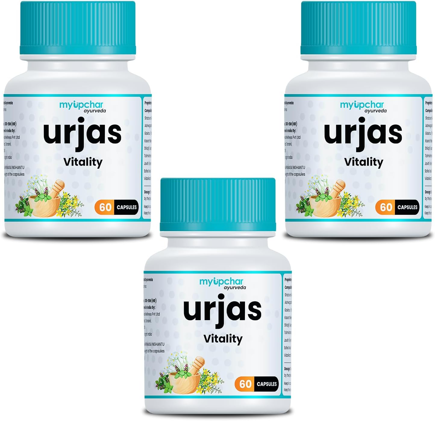 Urjas Vitality Veg 60 Capsules For Men | Improves Strength, Stamina & Energy | Ashwagandha, Safed Musli, Gokshur & Shjilajit | Pack of 3