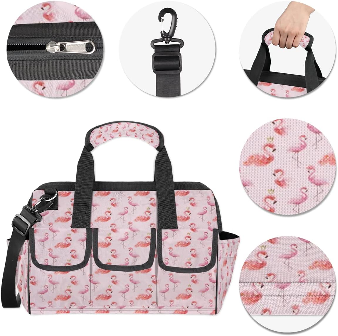 Pink Flamingos Pattern Tool Bag for Men Women Heavy Duty Multi-Pockets Wide Mouth Tool Tote Waterproof Tool Bag Organizer with Adjustable Shoulder Strap