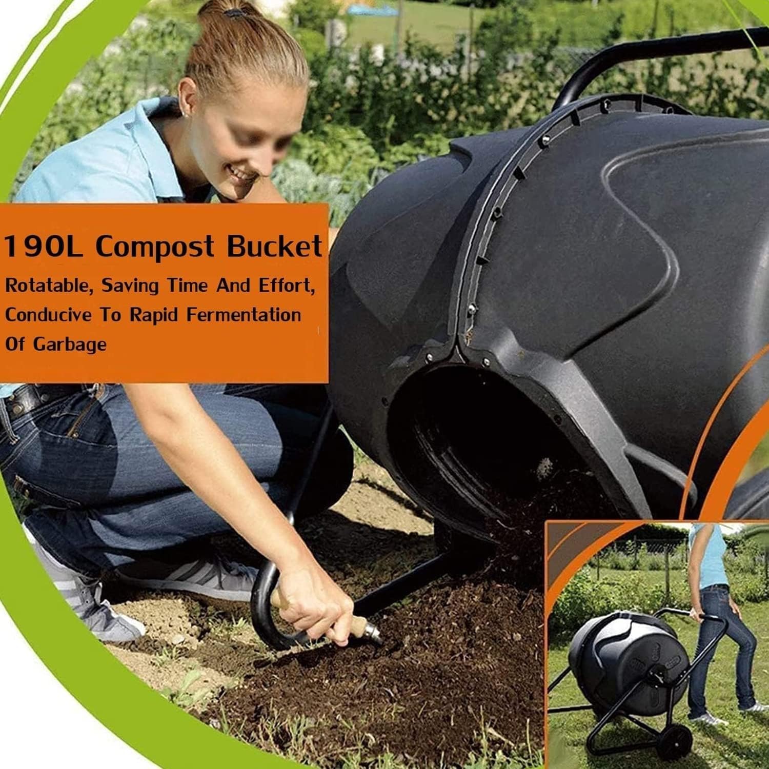 Composteur de 190 L avec roulettes, rotation à 360°, aération de jardin pour compostage extérieur