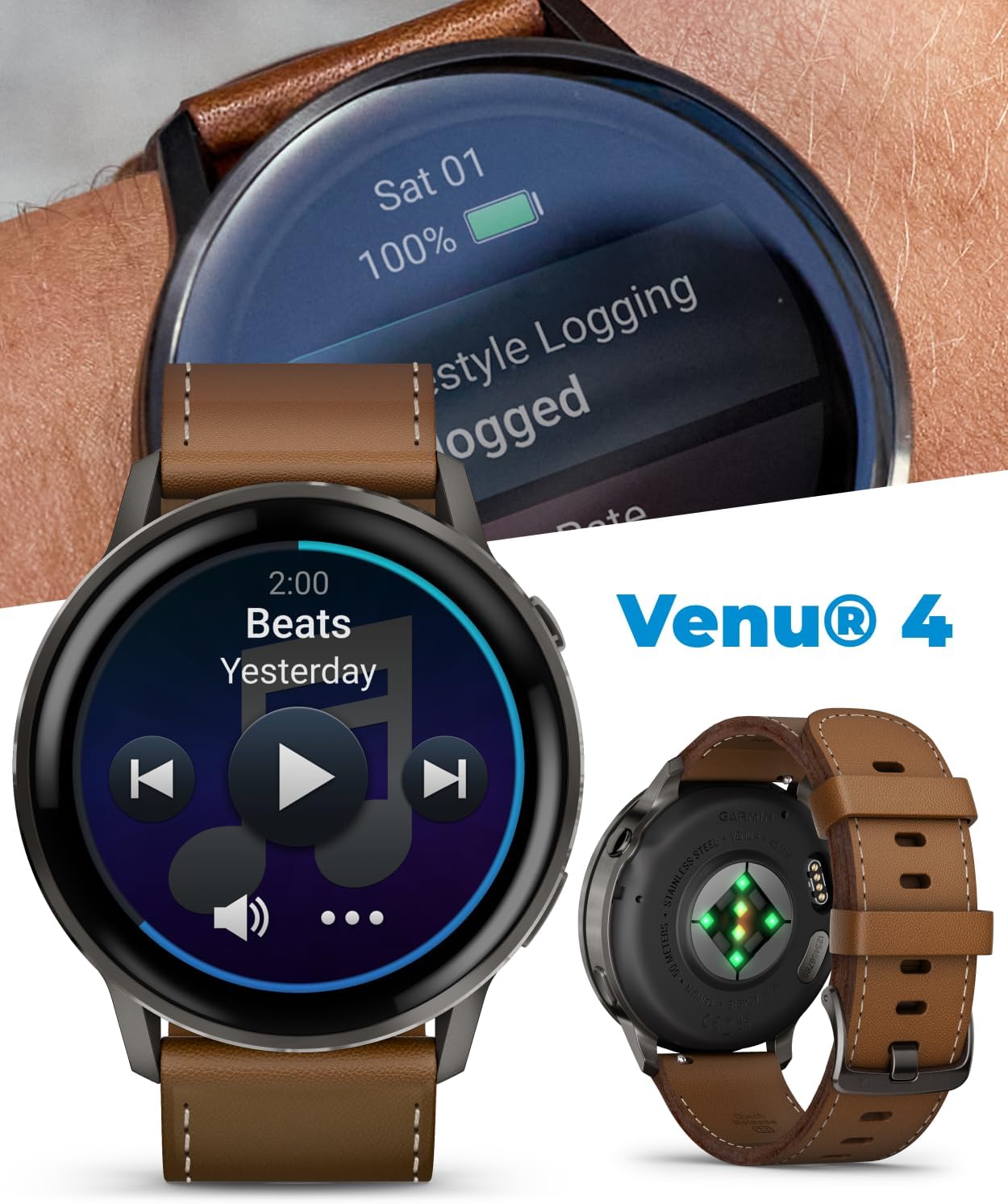 Garmin Venu 4 45mm AMOLED Advanced Health & Fitness GPS Smartwatch, Colorful Display, Flashlight, Up to 12 Days Slate w/Black Silicone & Brown Leather Bands w/Wearable4U White Earbuds Bundle