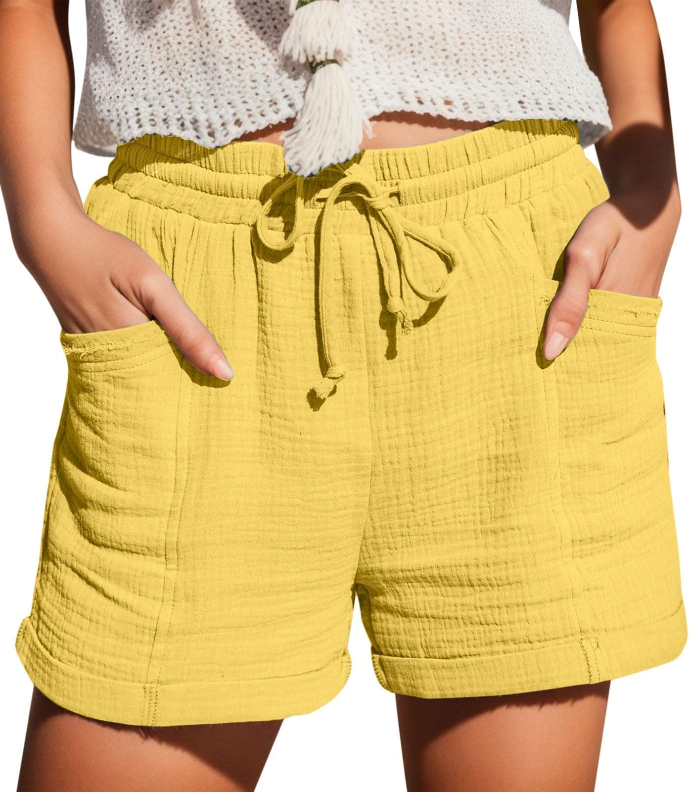 BMKKTOP Shorts Womens Summer Drawstring Linen Elasticated Waist High Waisted Casual Shorts with Pockets Plus Size Shorts Gym Athletic Sport Shorts Loose Pants