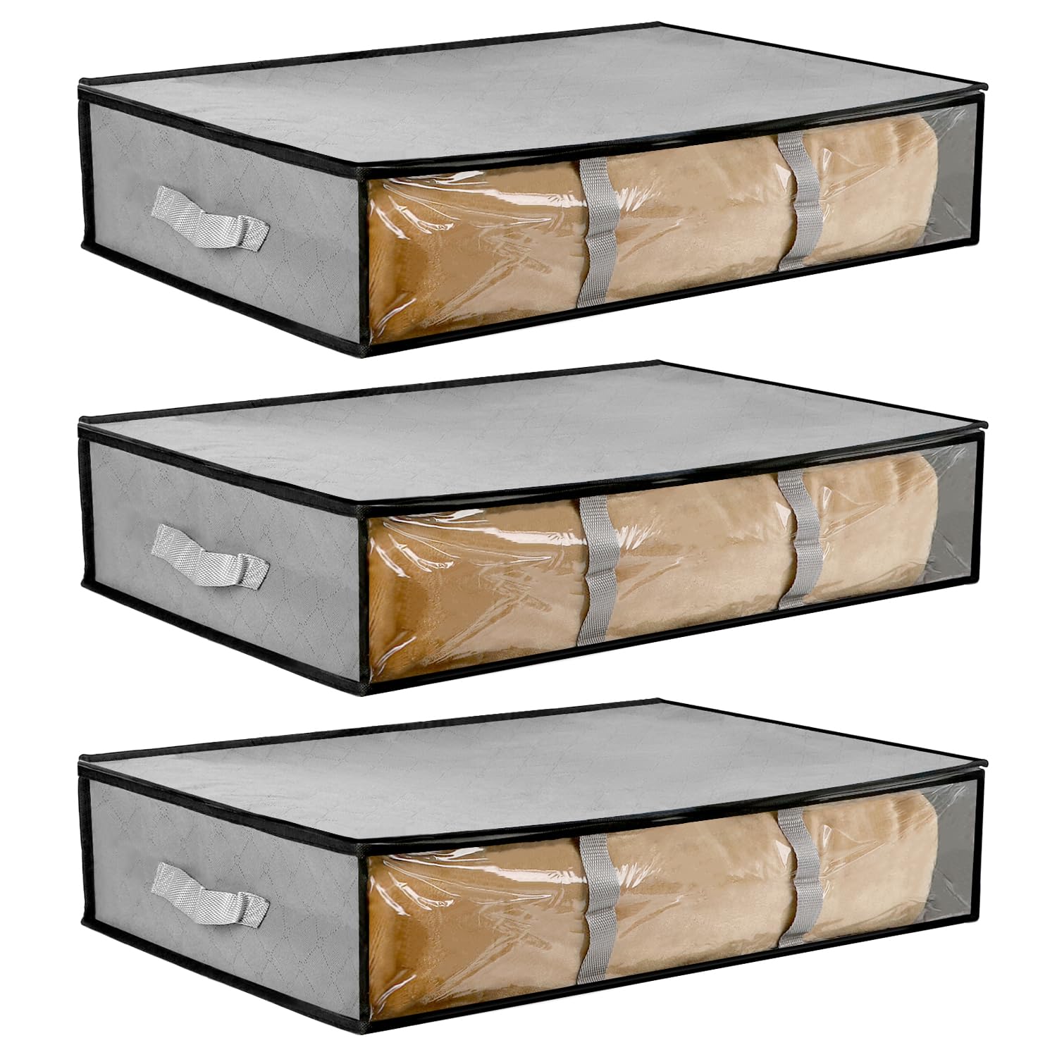 QWORK® 3 Piezas Bolsas para Guardar Ropa, Caja de Almacenamiento Plegable Debajo de la Cama, Fabricada en Tela No Tejida, 60 * 45 * 15cm, Hermética y Protección contra la Humedad