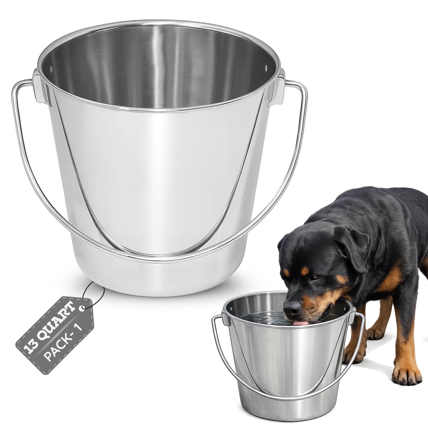 Cubo de acero inoxidable resistente, agradable y sin desorden, para agua de mascotas, comida (13 cuartos de galón)