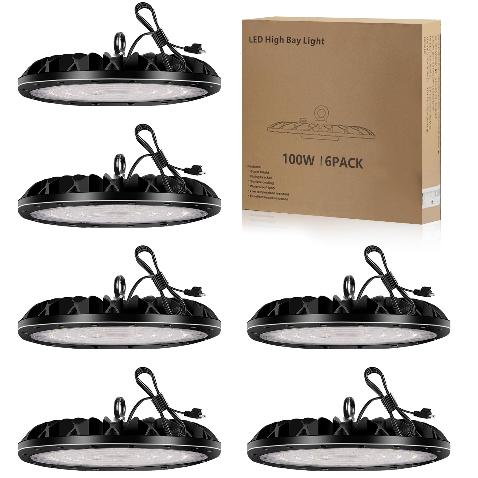 UFO LED High Bay Light 100W 10000LM 5000K Shop Lights for Garage Warehouse Workshop Gym Barn 5Ft Power