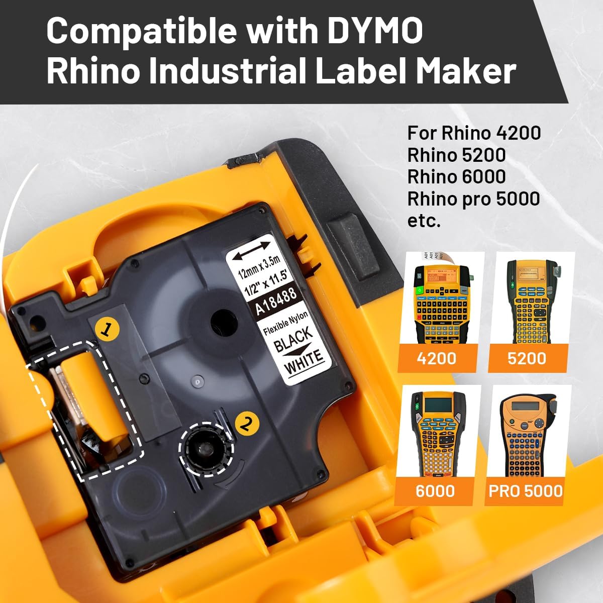 Rhino 4200 Label Tape 1/2 Compatible with Dymo 18488 Rhino Flexible Nylon A18488 for Rhinopro 5200 4200 5000 6000 Industrial Label Maker Refills, 4 Pack, 1/2'' x 11.5', Black on White