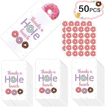 50 PCS Donut Candy Bags Thanks A Hole Bunch Stickers Donut Grow Up Party Decoration, Girls Donut Birthday Goodie Bags Donut Theme Party Supplies Baby Shower Doughnut Time Supplies