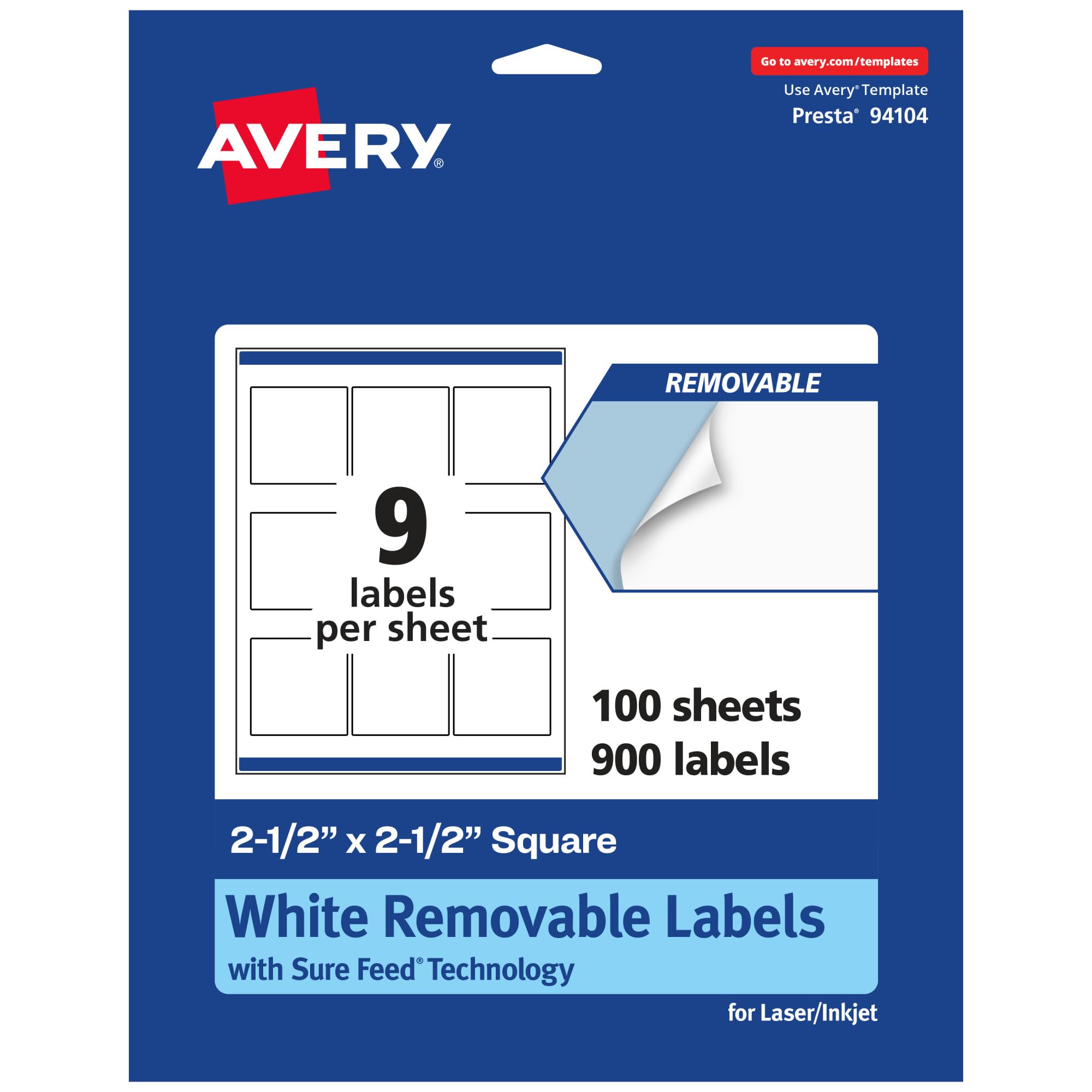 Avery Matte White Removable Square Labels with Sure Feed Technology, 2.5" x 2.5", 900 Removable Labels, Laser/Inkjet Printable Labels