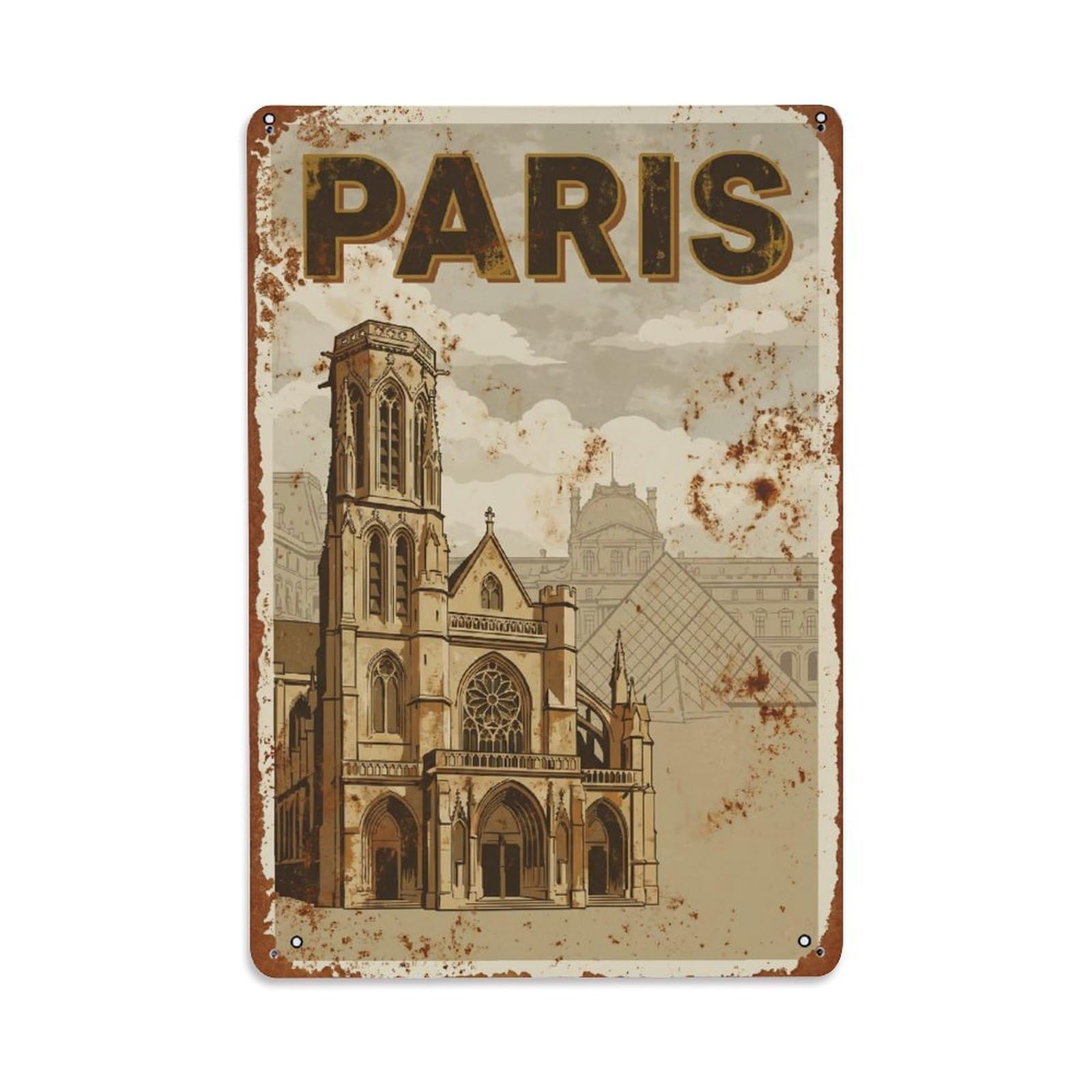 Vintage Travel Paris Église Saint-Germain-l Auxerrois Church Rusted France Metal Tin Sign Plaque Wall Decor for Cafe, Club Bar, Office, Home Garden Metal Poster 8x12Inch