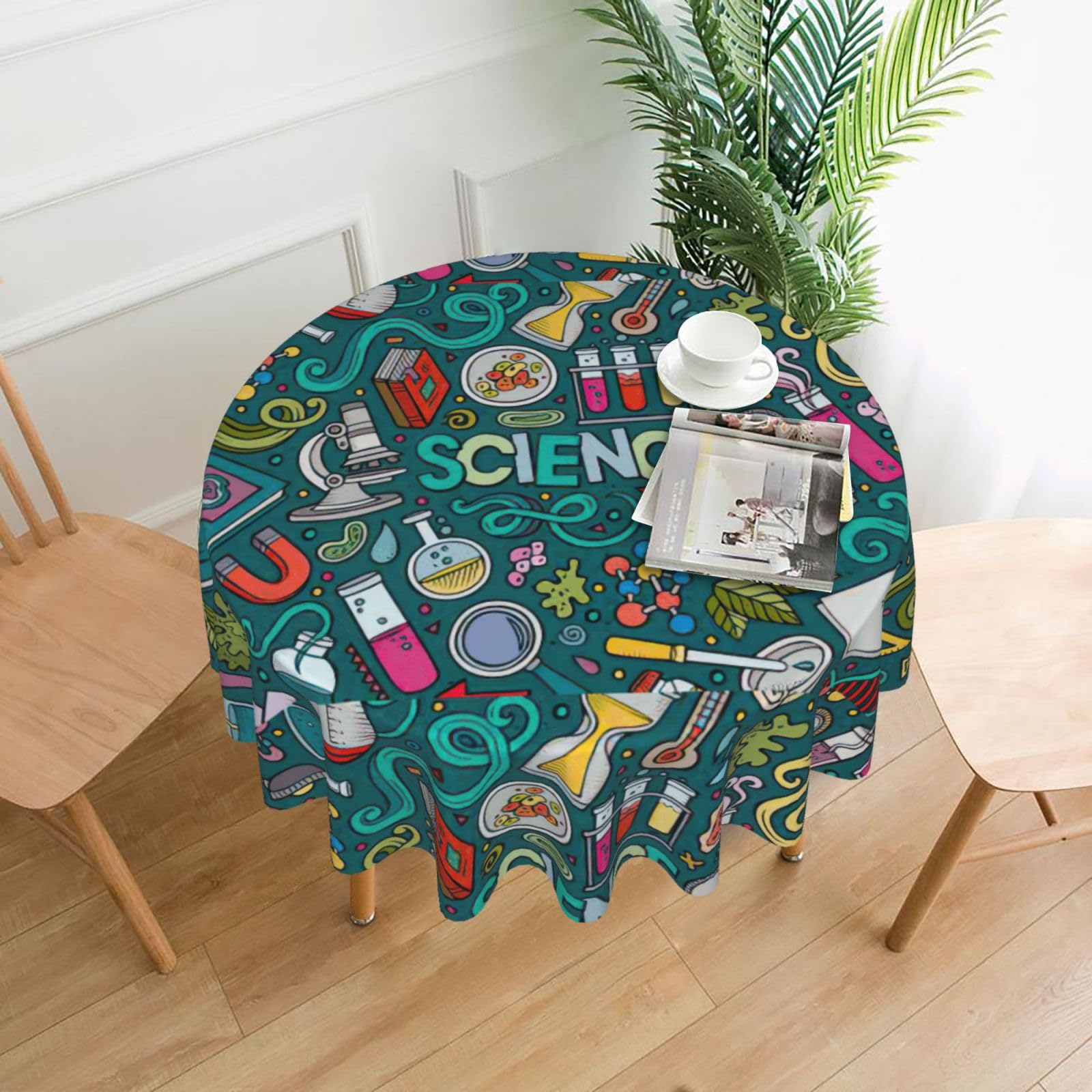 DEXNEL Cartoon Science Theme Print 60'' Round Tablecloth Retro Polyester Washable Cover for 4-6 Seat Dining Table Boho Decor