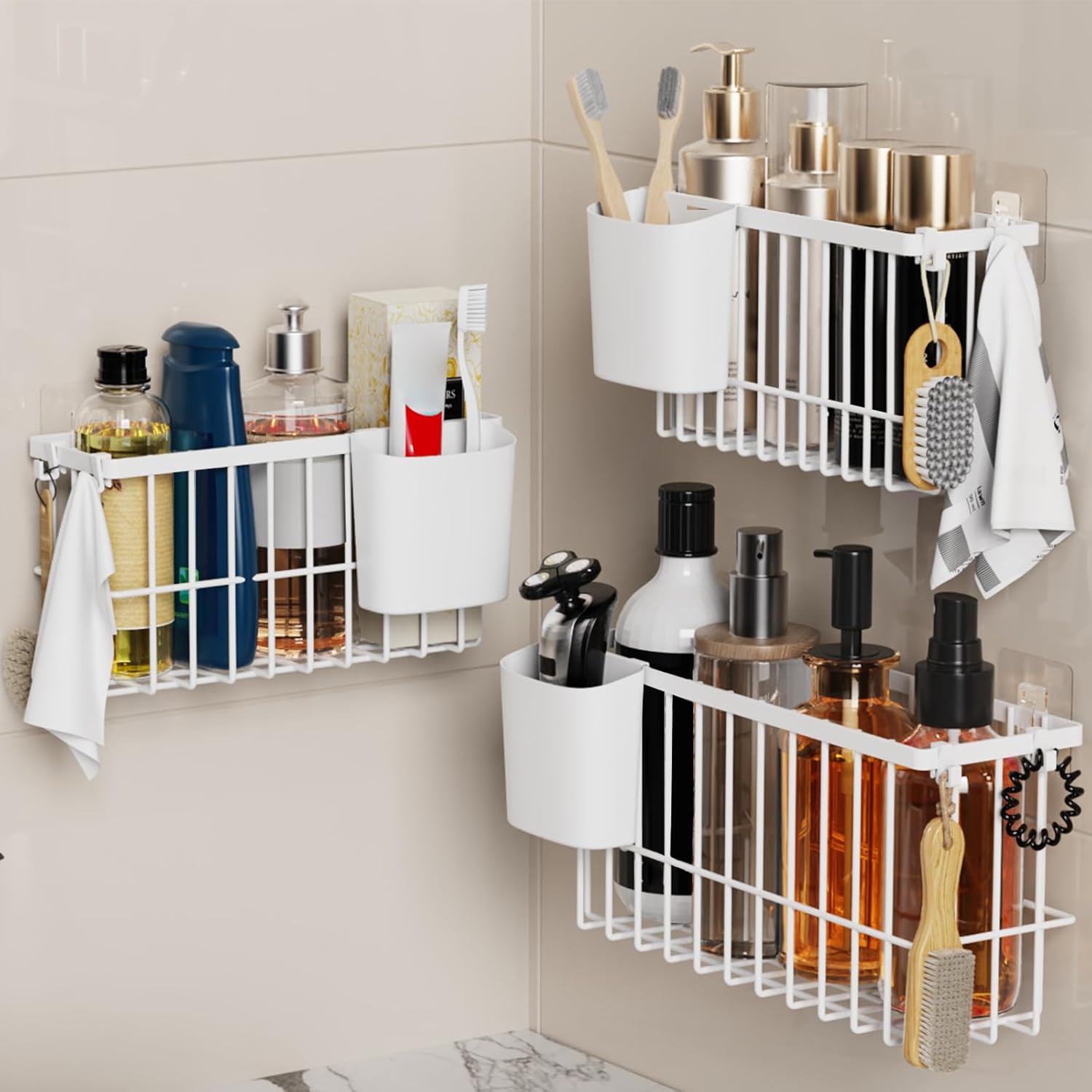 JYSMYWS 3 Pack Hanging Storage Basket Organizer Adhesive Shower Caddy Wall Mounted Metal Bins with Removable Cup No-Drill