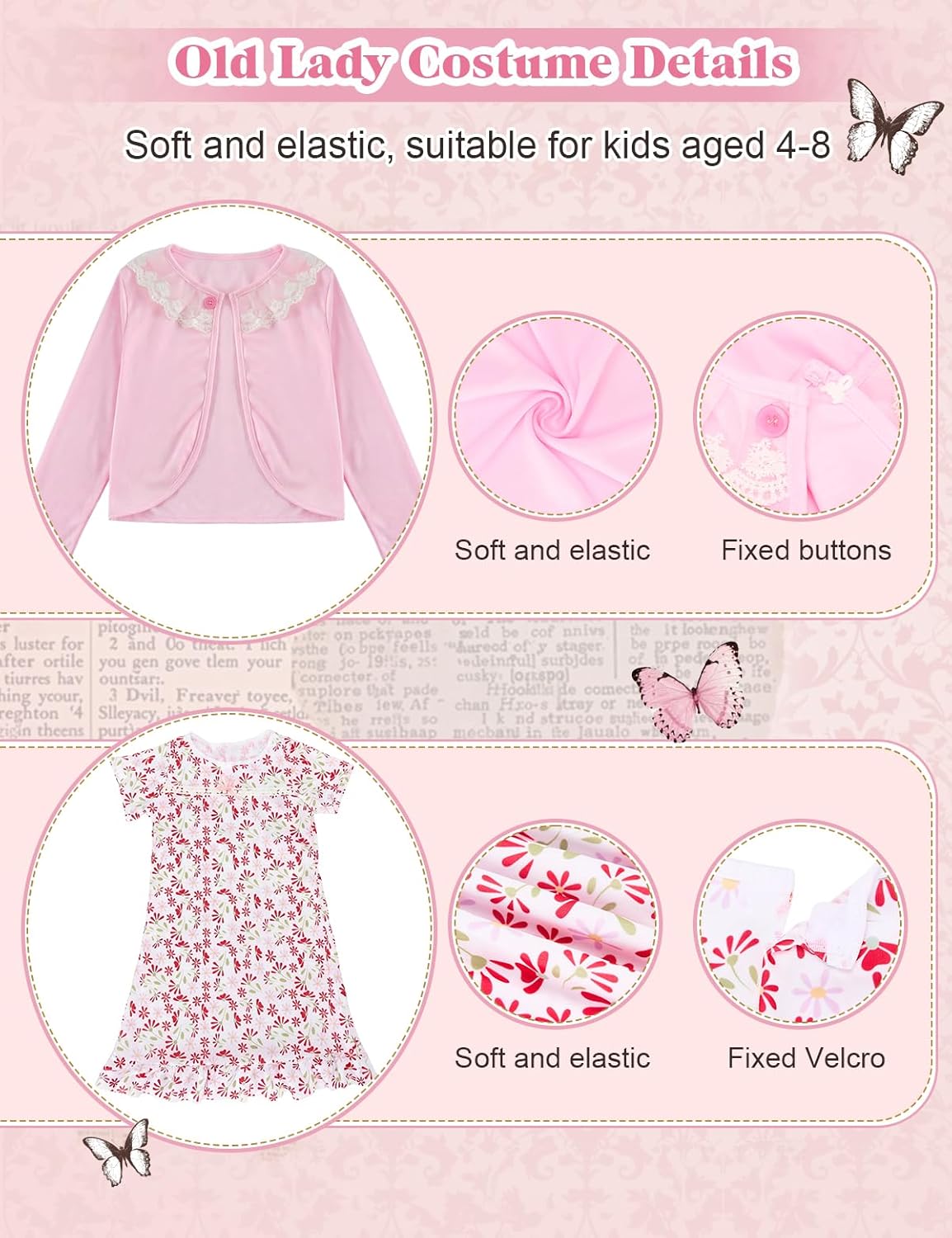 11 PCS Old Lady Costume for Kids - 100 Days of School Costume for Girls - with Wig, Wrinkle Aging Stickers, Adjustable Cane - 100th Day of School Grandma Costumes for Kids Old Lady Costumes for 4-8 - Image 6