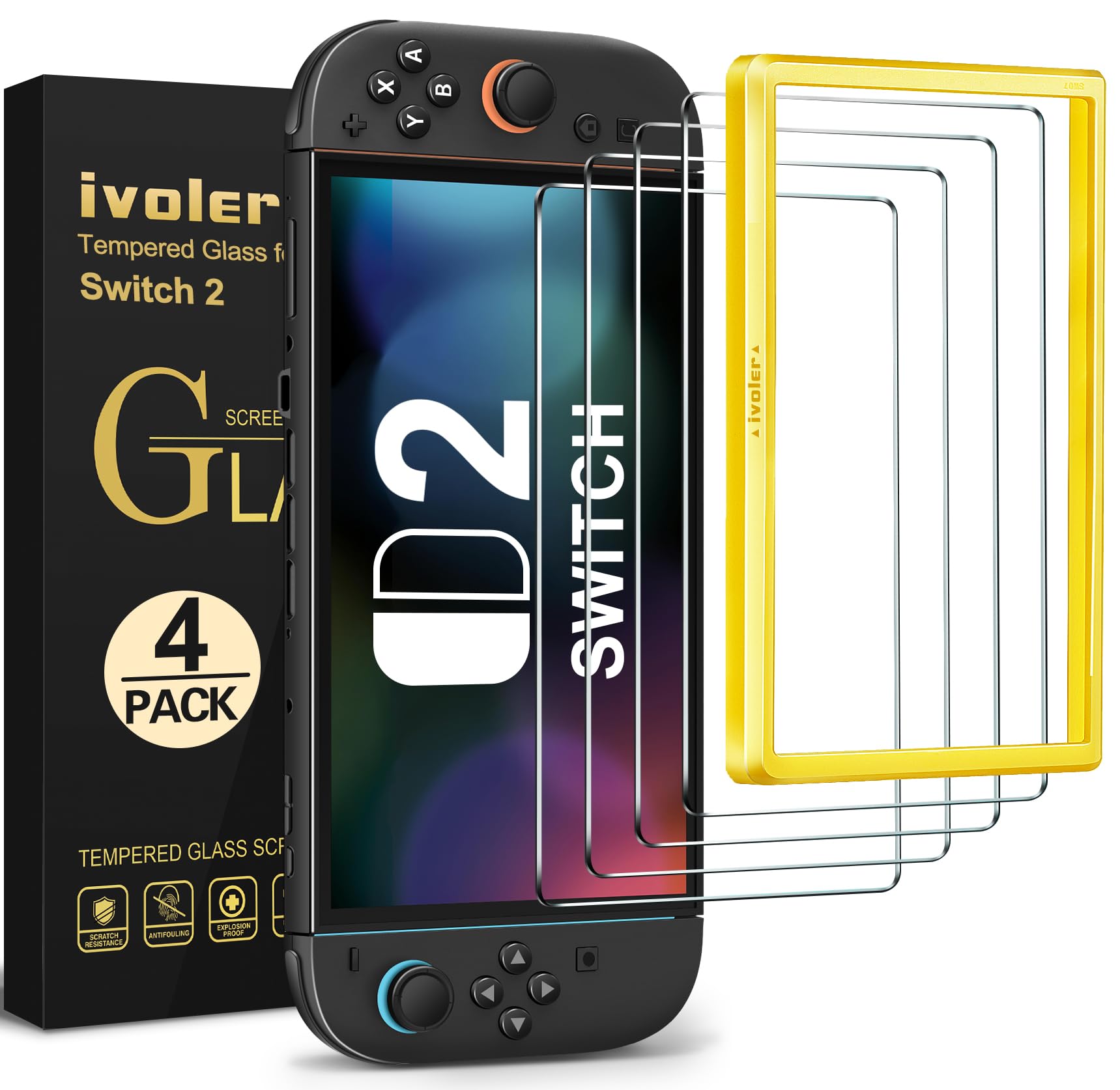 ivoler [4-Pack for Switch 2 Screen Protector with Alignment Frame Tool, 30-second installation- Bubble-Free Application - 9H Hardness -Tempered Glass Protection Film for Nintendo Switch 2 Model 2025