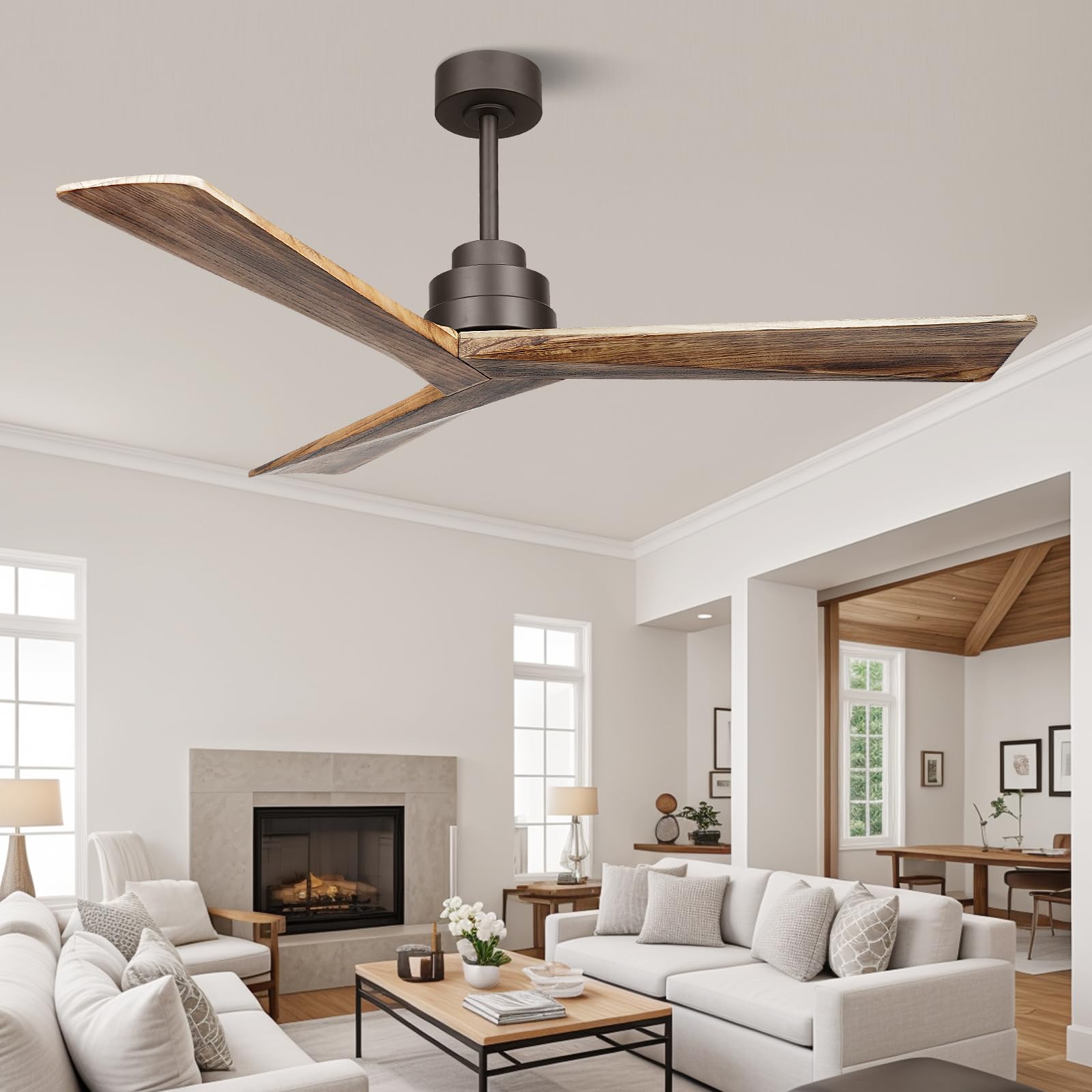 52" Ceiling Fan no Light with Remote,Modern Wood Ceiling Fans for Patios Bedroom Farmhouse,3 Blade Outdoor Ceiling Fan whitout Light with 6 Speeds and Timer,Nostalgia Walnut+Coffee Brown
