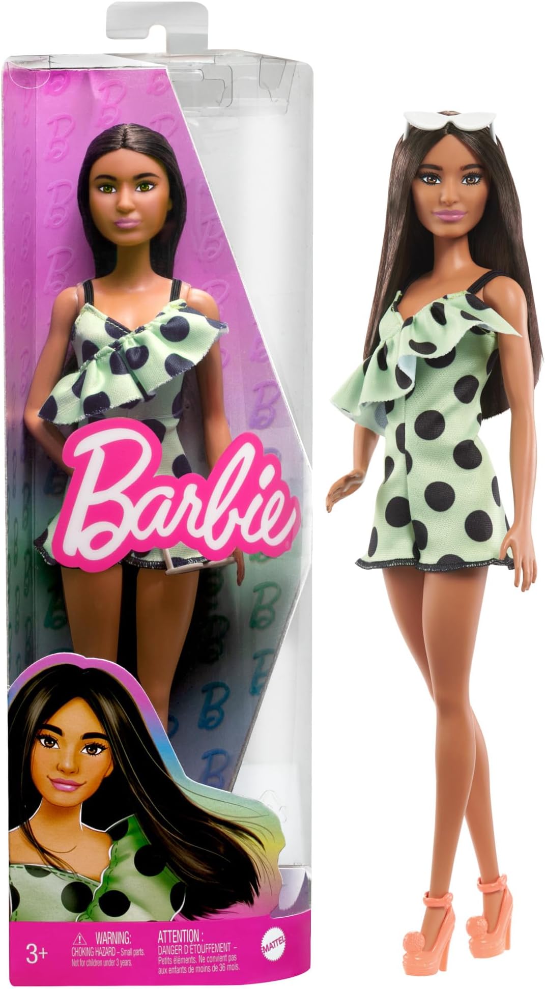 Fashionistas Doll #200 with Brunette Hair, Green Polka Dot Romper & Accessories Including Orange Heels & Sunglasses