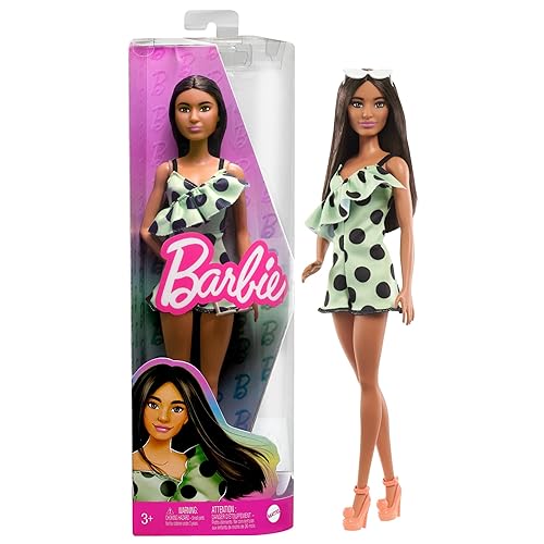 Barbie Fashionistas Doll #200 with Brunette Hair, Green Polka Dot Romper & Accessories Including Orange Heels & Sunglasses