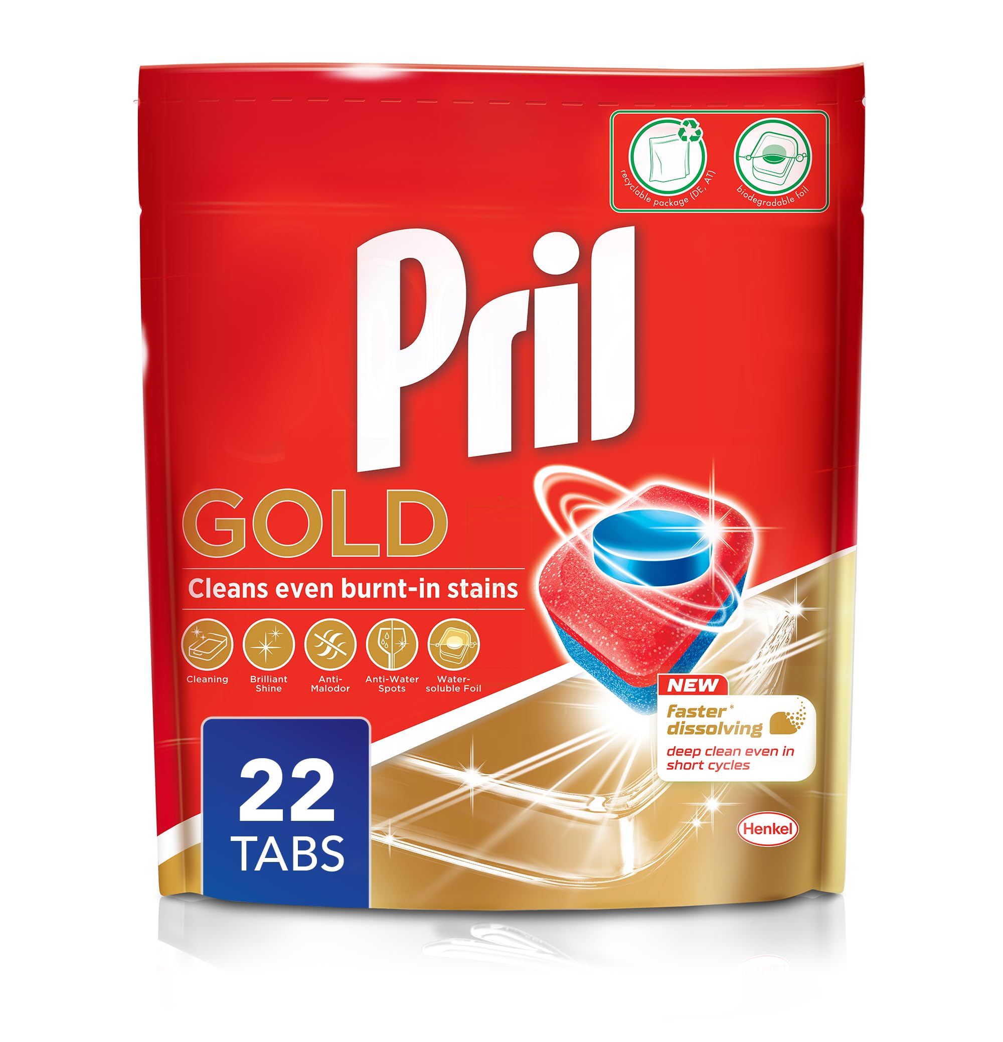 Gold Automatic Dishwashing Tablets (22 Tabs), Faster dissolving tab with deep clean and action against burnt-in stains