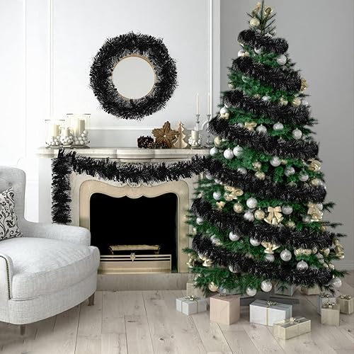 Miniatura 4 de 6 guirnaldas de oropel de Navidad de 39.4 pies, guirnalda metálica negra con bayas rojas, guirnalda de árbol de Navidad, guirnalda de oropel,