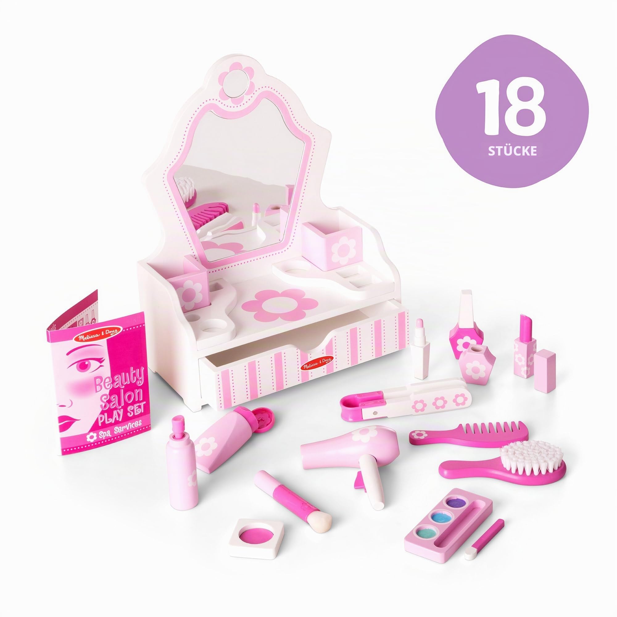Melissa & Doug - Schönheitssalon Spielset aus Holz - 18-teiliges Set mit Schminktisch und Zubehör für fantasievolles Rollenspiel, kein echtes Make-up, für Kinder ab 3 Jahren