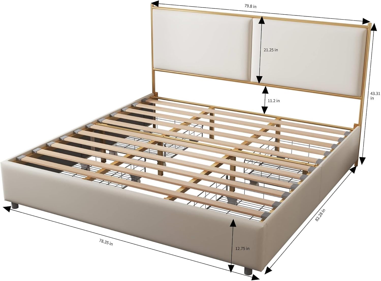 dolonm upholstered king size platform metal bed frame with four storage drawers mattress foundation with wooden slats support, white leather sponge soft bag platform bed softbag with drawers white king