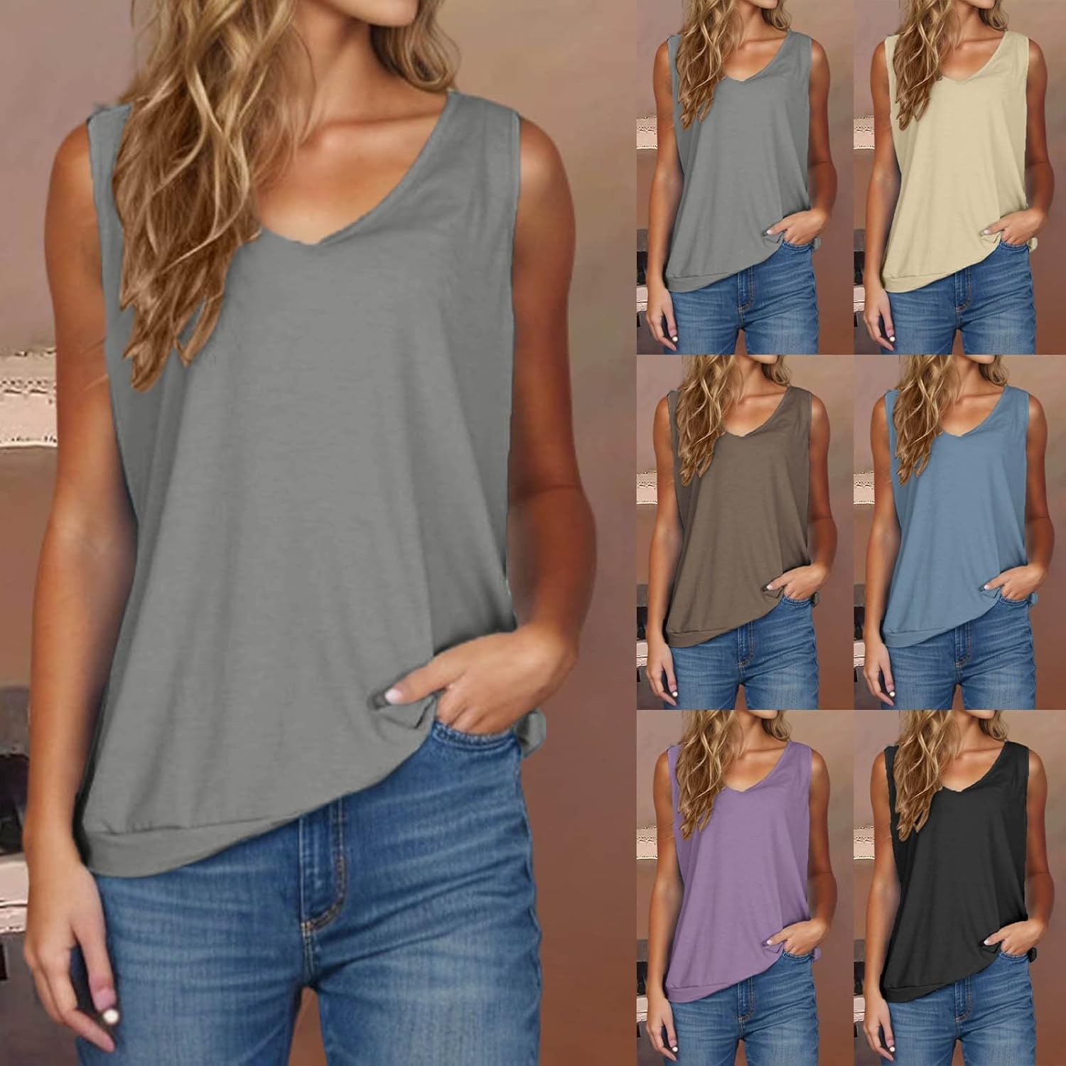 Womens Tank Tops Summer V Neck Sleeveless Shirts Loose Fit Solid Color Lightweight Woarkout Basic Tanks Tees