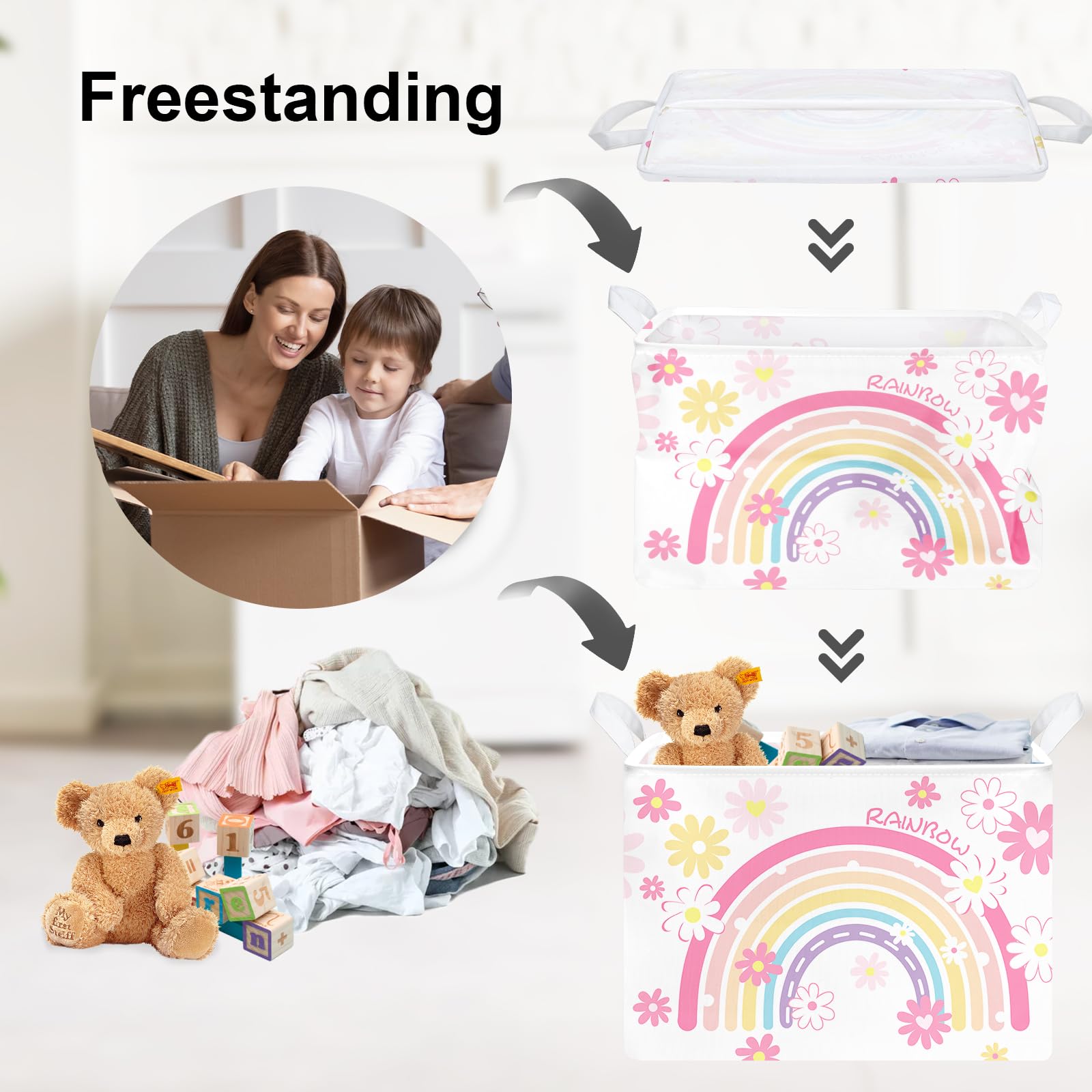 Clastyle Rainbow Baby Laundry Hamper Folding Clothes Kids Storage Basket Waterproof Girls Toy Box for Bedroom,Pink,40x30x30 cm - Image 3