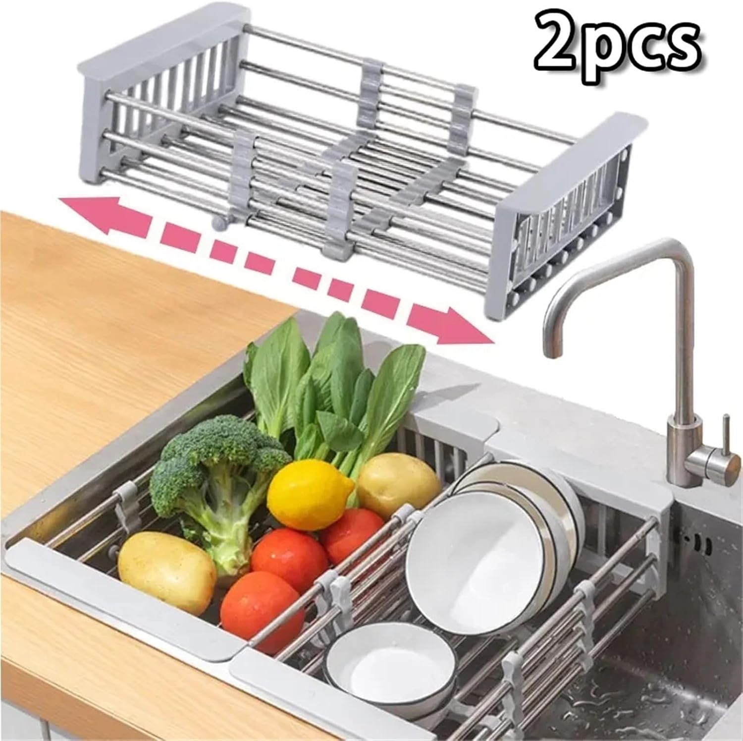 Kitchen Sink Rack Adjustable Stainless Steel Dish Drain Rack Sink Plate Bowl Holder Tableware Organizer Fruit Vegetable Drainer(Grey-S-2pcs)