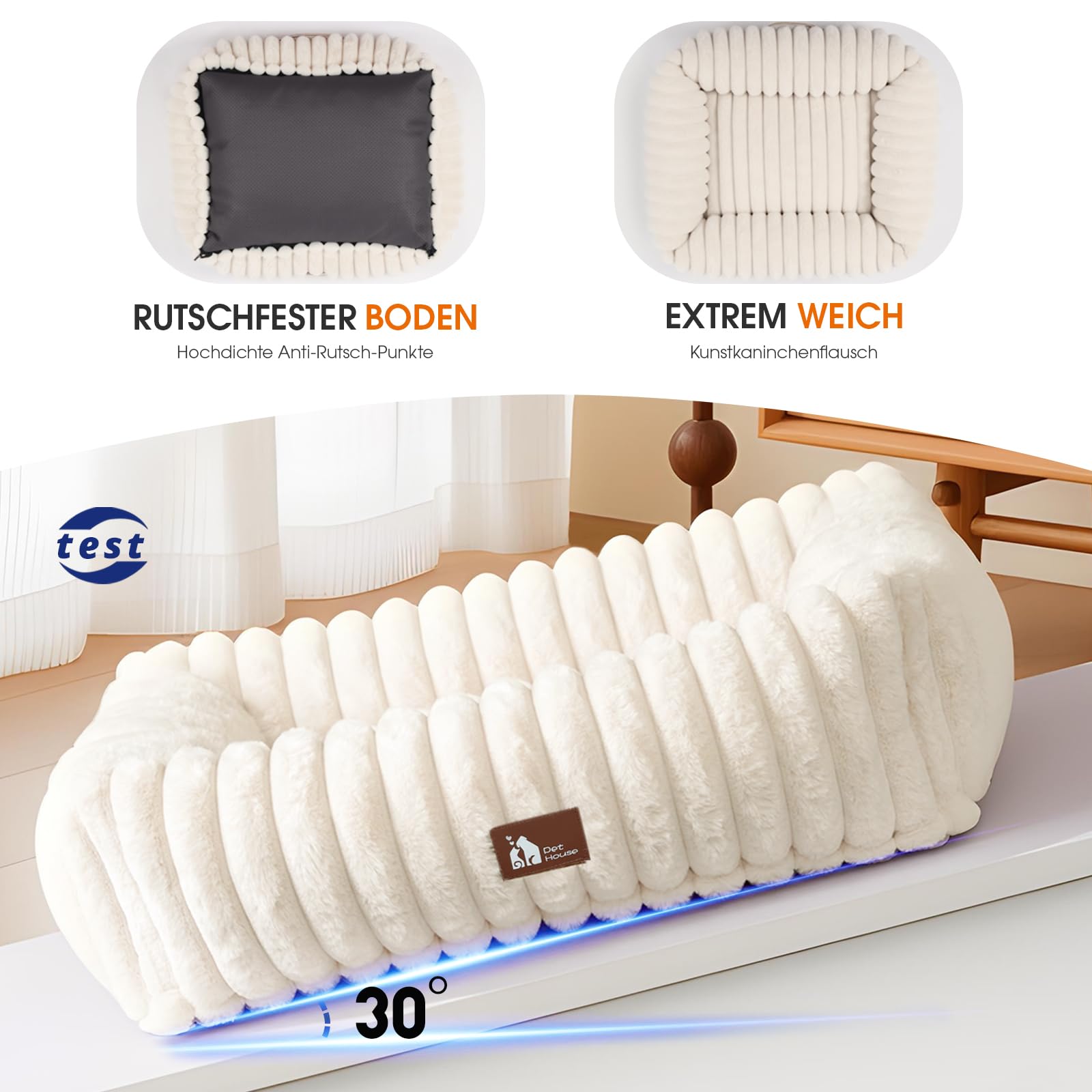 Upvilla Luxusweicher Hundekorb, Katzenbett, Super Weiches Hundebett kleine Hunde, 4-seitiges Nackenkissen, Abnehmbare Waschbare Hundematte, Hundesofa mit Griffen, Haustierbett (Beige, 64 * 53 * 18cm)