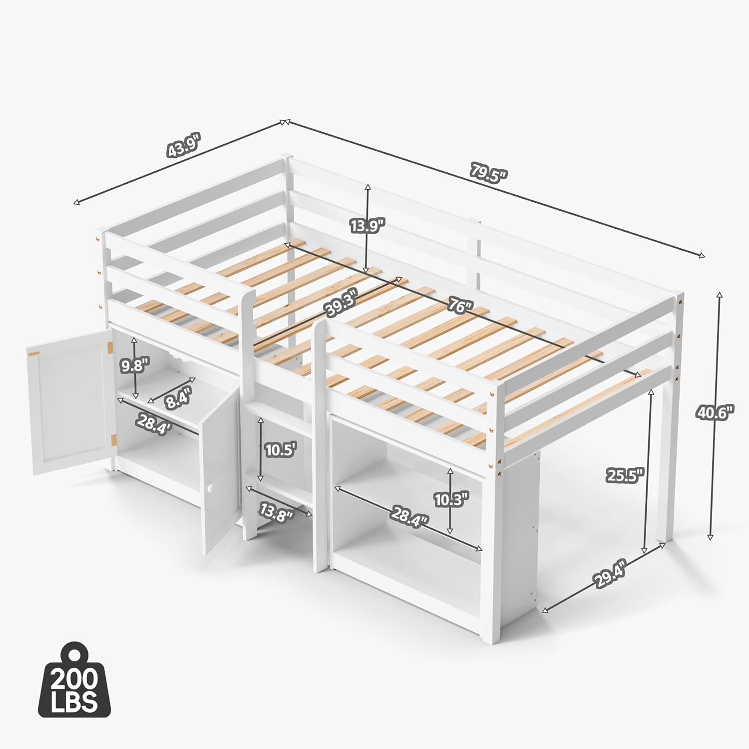 TOLEAD Kids Loft Bed, Twin Loft Bed with Lights, Toddler Loft Bed with 14" H Safety Guardrail, Low Loft Bed with Storage Bookcase and Under-Bed Play Space, Modern Low Loft Beds for Boys Girls (White)