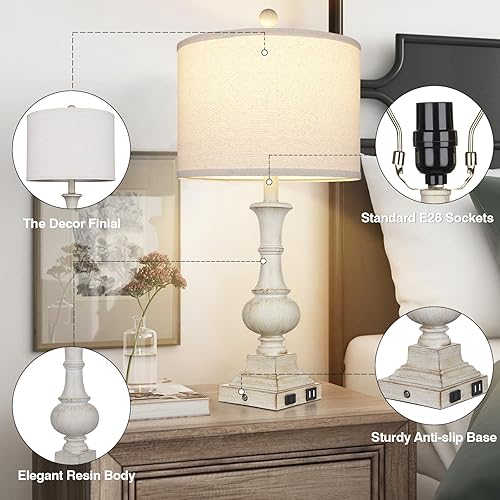 Miniatura 2 de 26" Farmhouse Table Lamps Set of 2, Rustic Touch Control Bedside Lamps with 2 USB Ports & AC Outlet, Vintage White Resin 3-Way Dimmable Nightstand