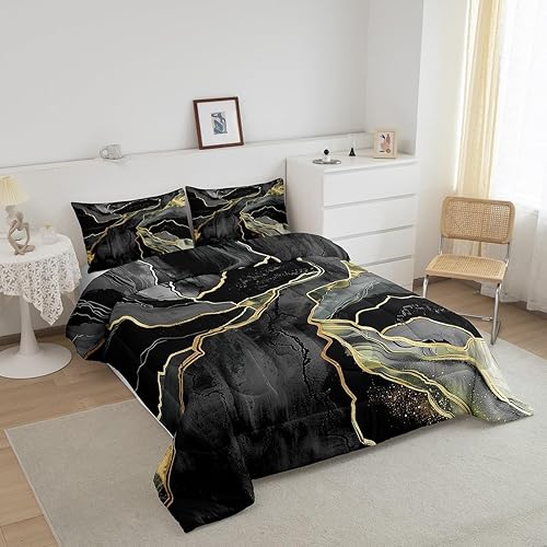 Miniatura 3 de Juego de ropa de cama de mármol negro tamaño matrimonial, relleno de edredón de mármol negro y gris, para hombres y mujeres, juego de edredón