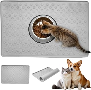 Dog Bowl Coasters, Bowl for Cats, Silicone Underlayer, Dog Bowl Base, Feeding Pads for Cat, Waterproof Non-Slip Liner Mats, Food Bowl Pads for Dogs and Cats (48 * 30 * 1cm, Grey)